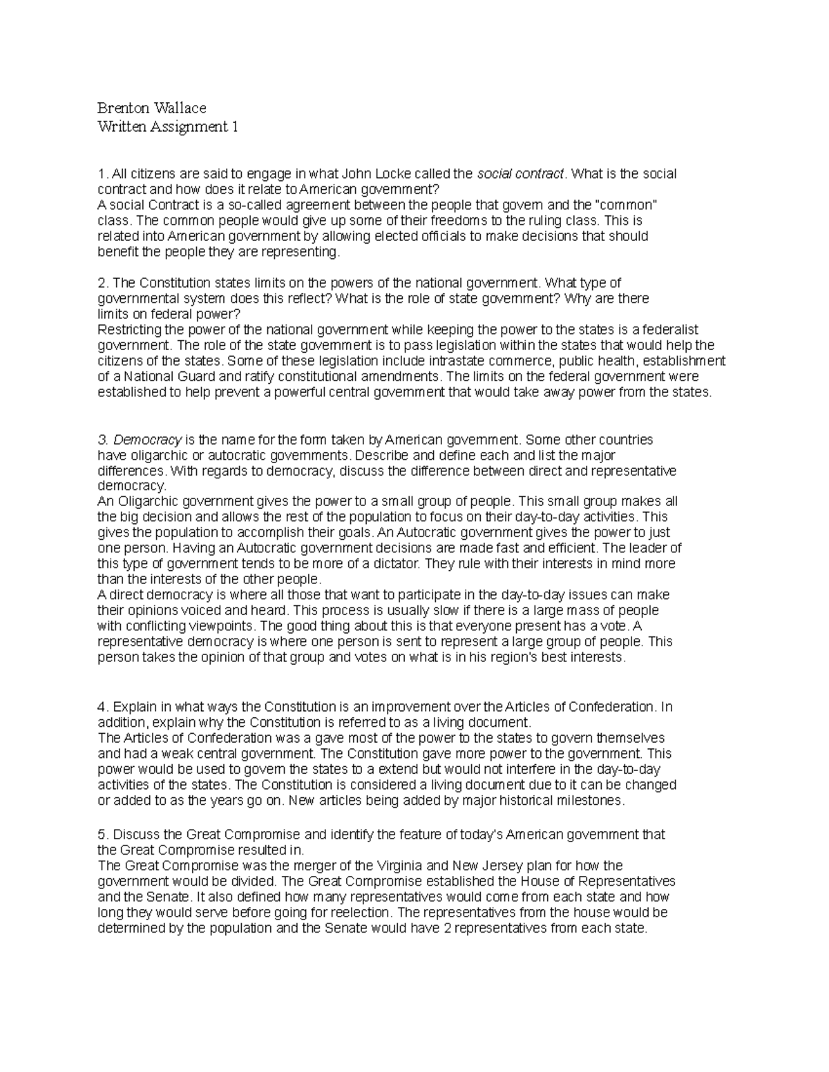 Written Assignment 1 American Government - Brenton Wallace Written ...