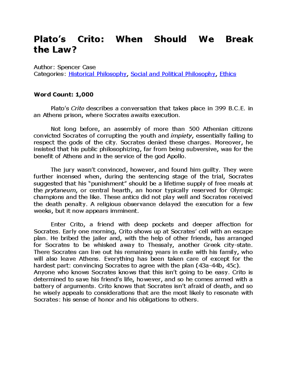 Plato - BASTABASTA - Plato’s Crito: When Should We Break the Law ...