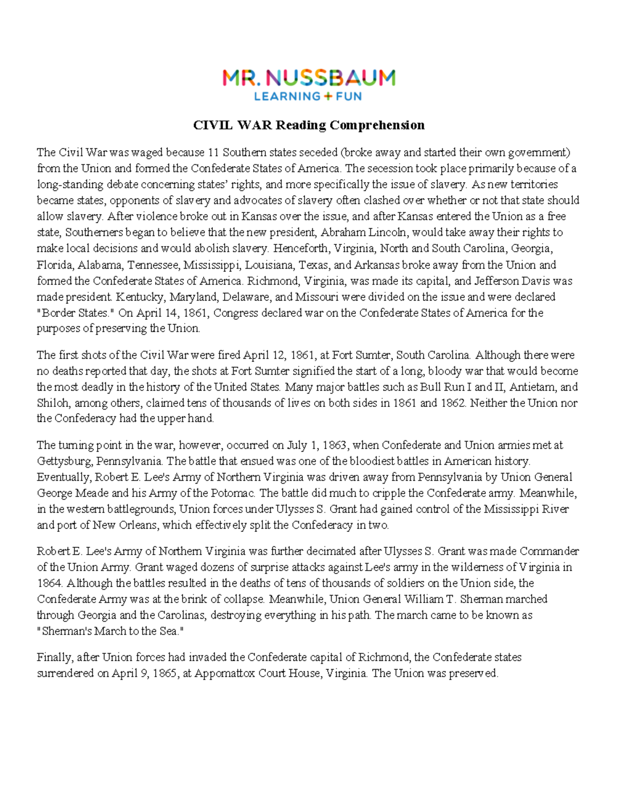 Civilwar-grade 5 - NOTES - CIVIL WAR Reading Comprehension The Civil ...