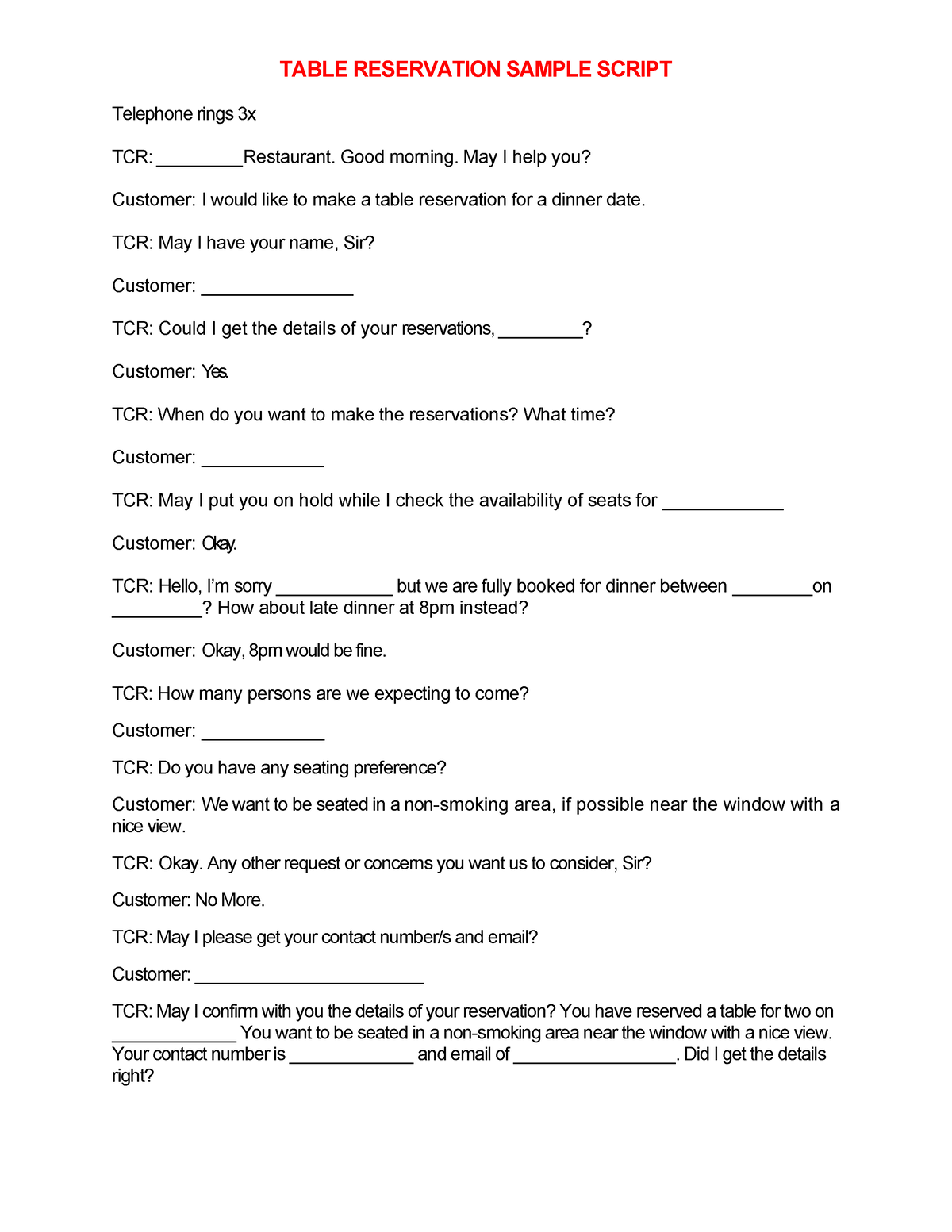 Table Reservation Sample Script - TABLE RESERVATION SAMPLE SCRIPT ...