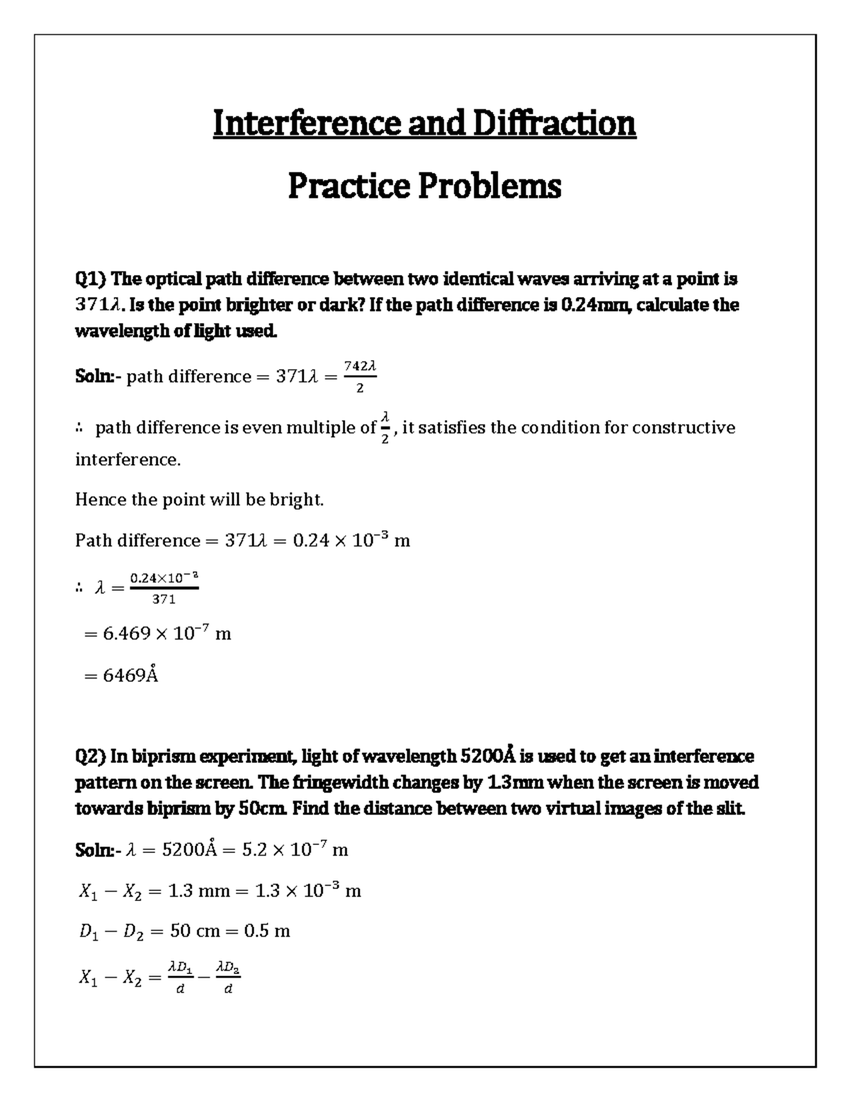 Interference And Diffraction Practice - Interference And Diffraction ...