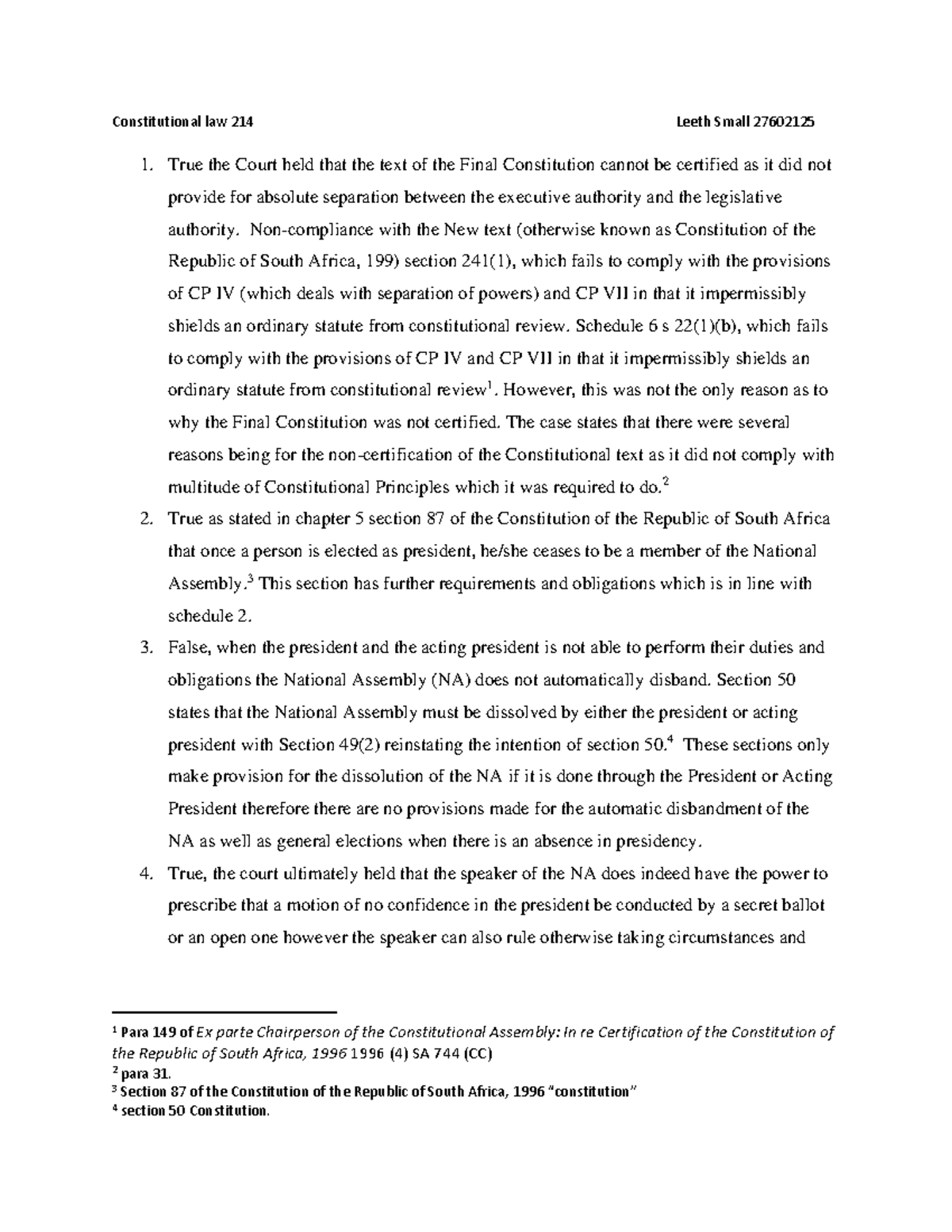Constitutional law tutorial 2 - Constitutional law 214 Leeth Small ...