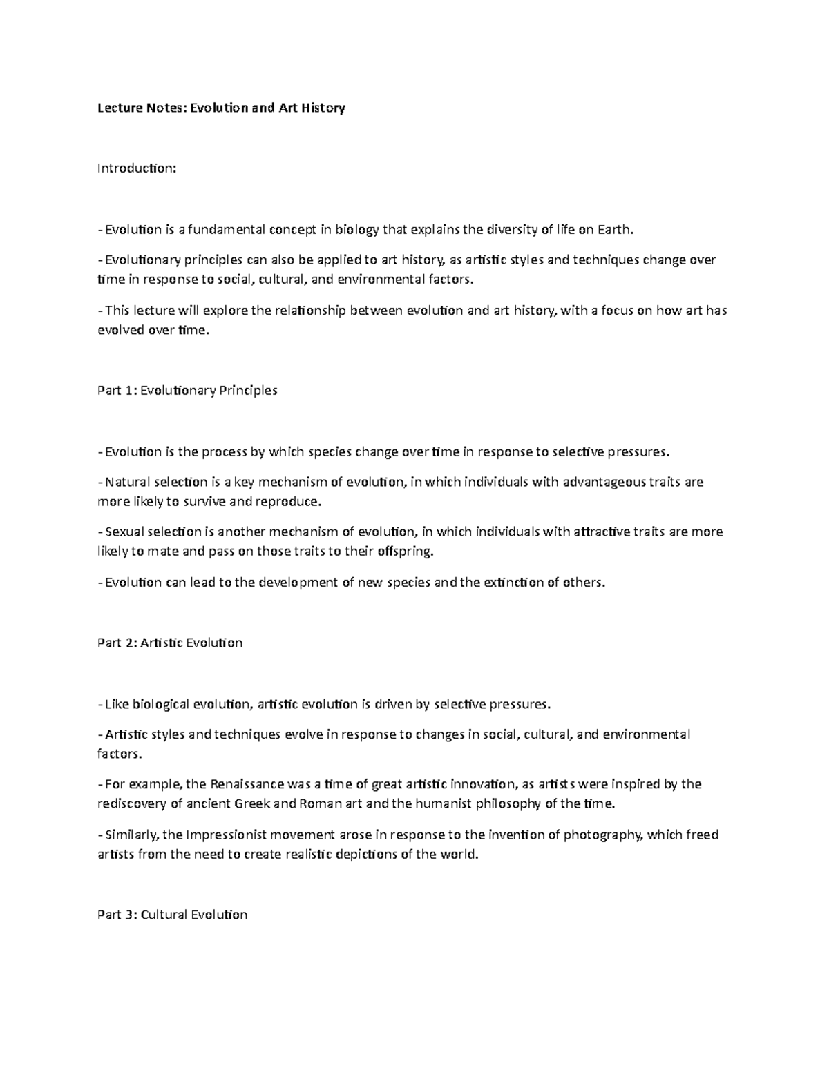 Lecture Notes: Evolution and Art History - Lecture Notes: Evolution and ...