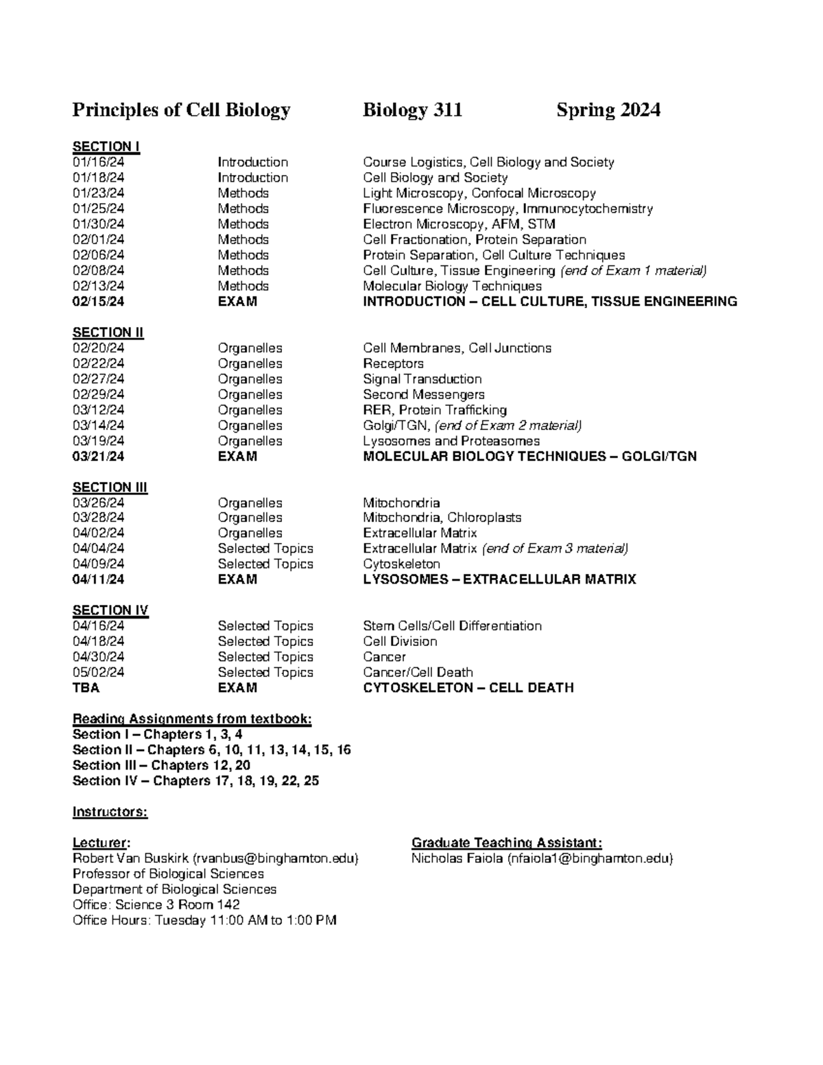 Biology 311 Spring 2024 Lecture and Discussion Syllabus - Principles of ...