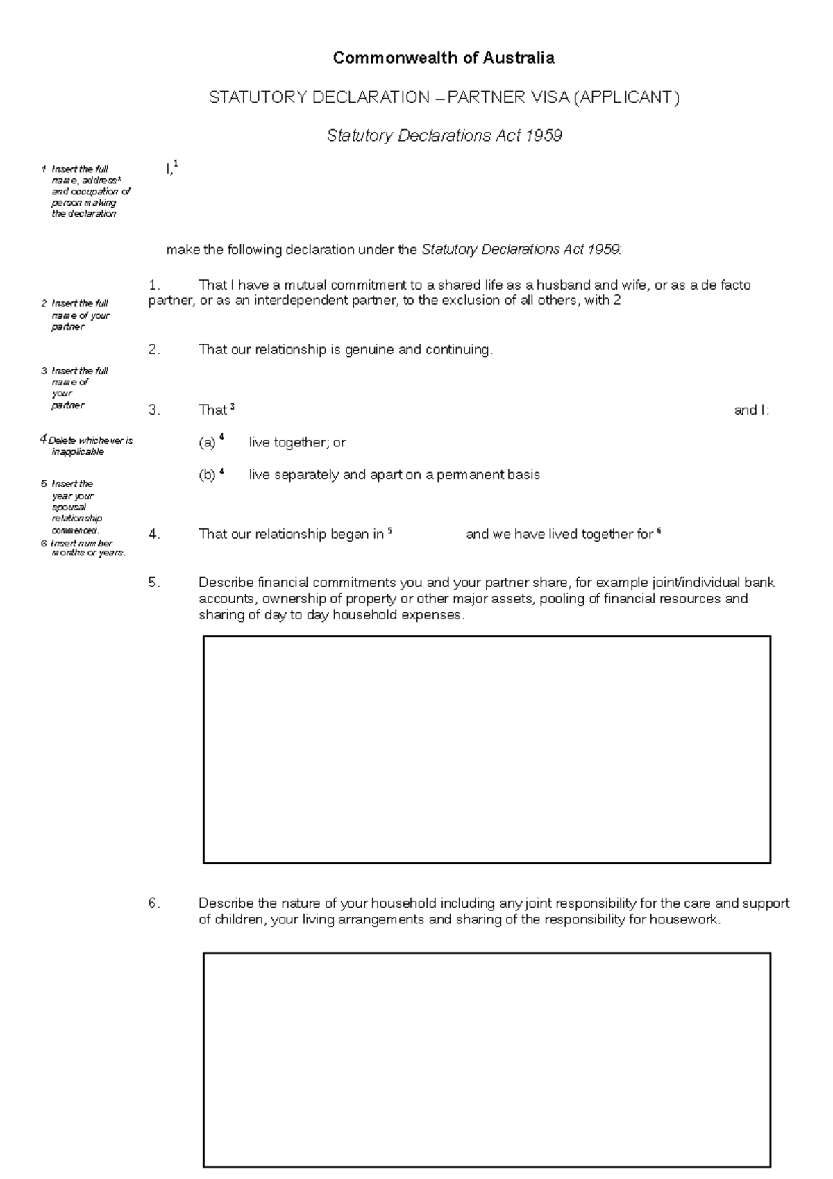 Statutory Declaration Partner Visa Applicant Commonwealth of