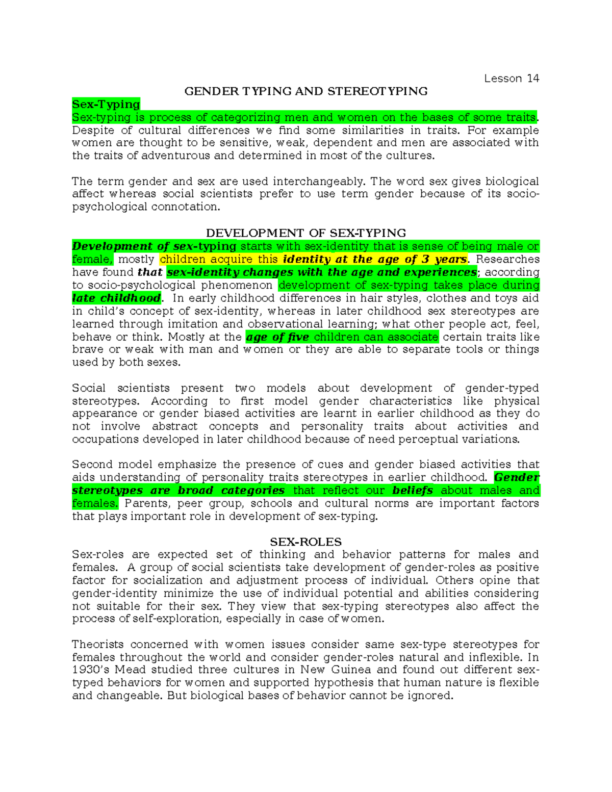 PSY 512 CH 14 - NOTES - Lesson 14 GENDER TYPING AND STEREOTYPING Sex ...