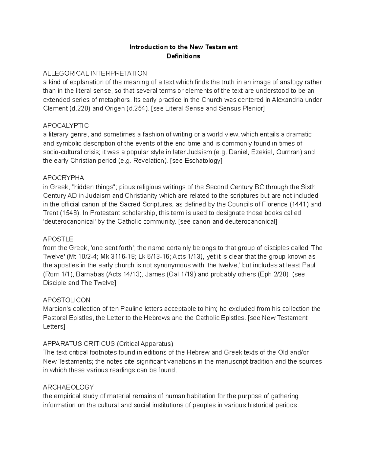 REL 3015 Definitions Belmont University Intro to the New Testament