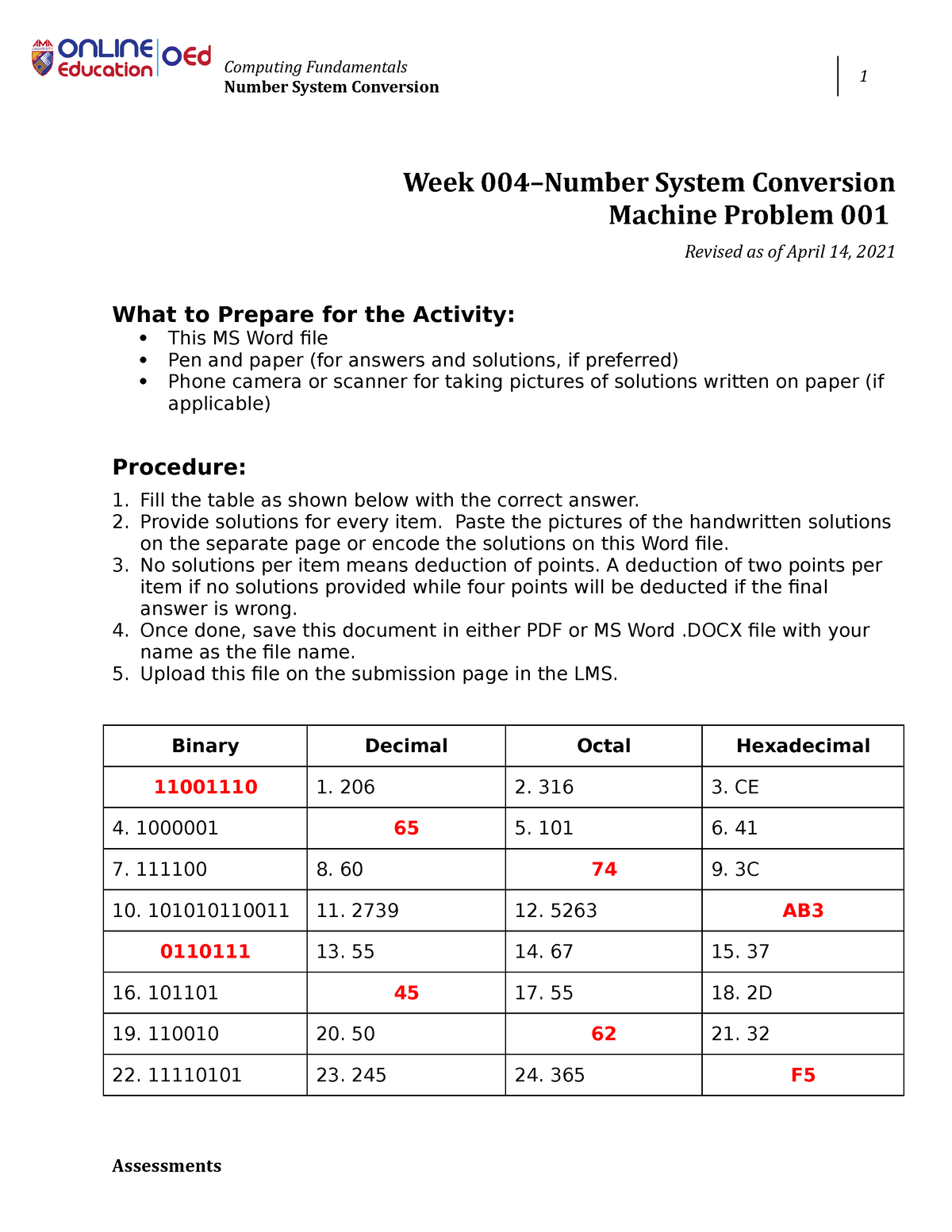 Week004 Machine Problem 001 Revised Number System Conversion 1 Week 004number System 