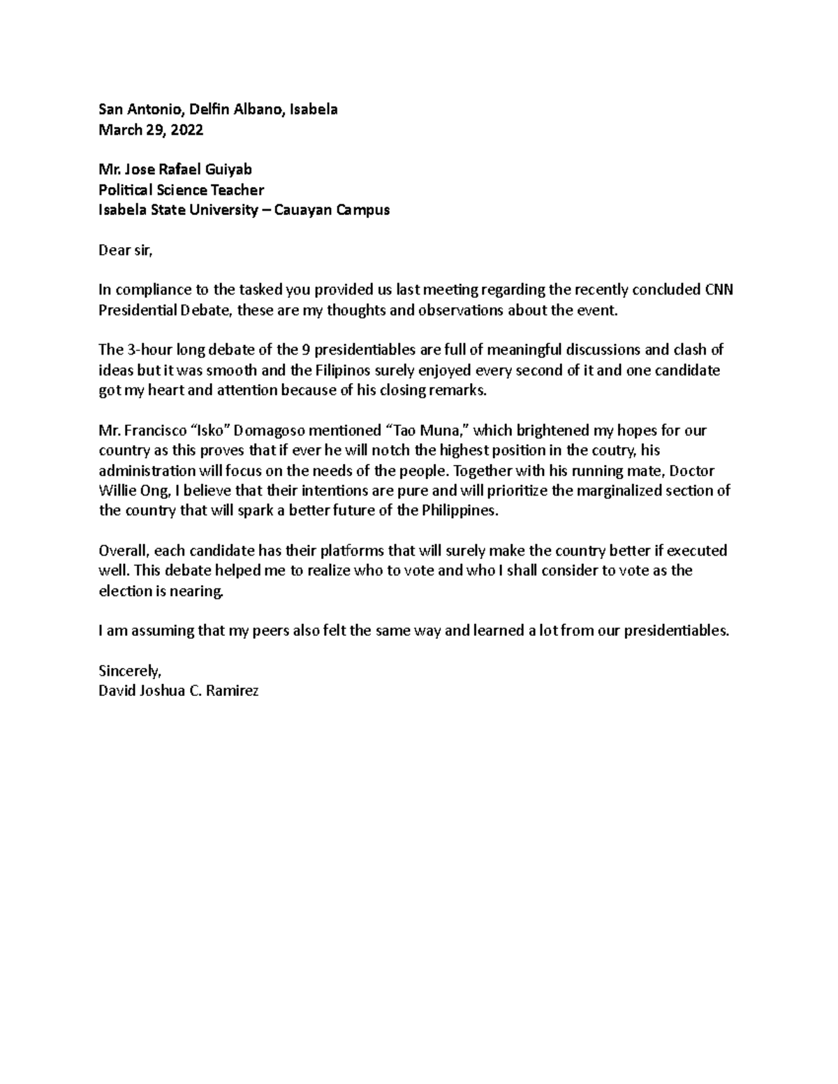 Letter for Pol Scie Teacher - San Antonio, Delfin Albano, Isabela March ...
