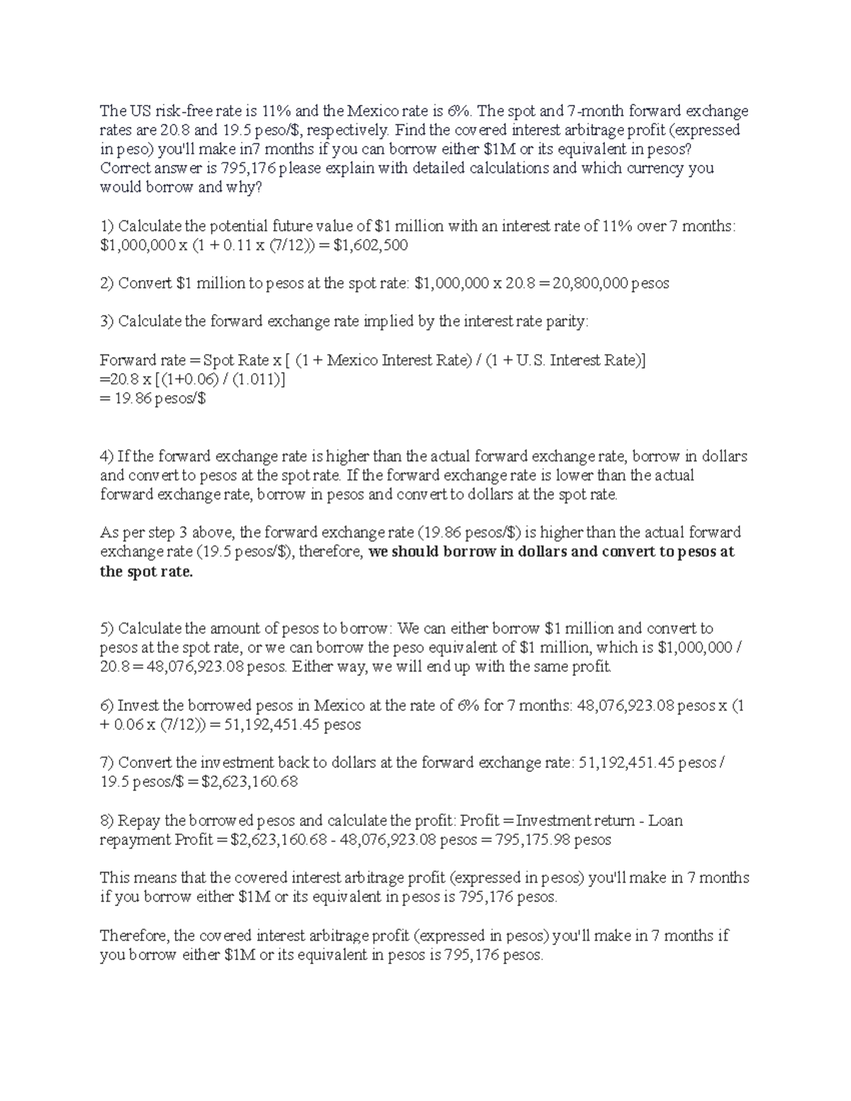 CH Arbitrage - The US risk-free rate is 11% and the Mexico rate is 6% ...