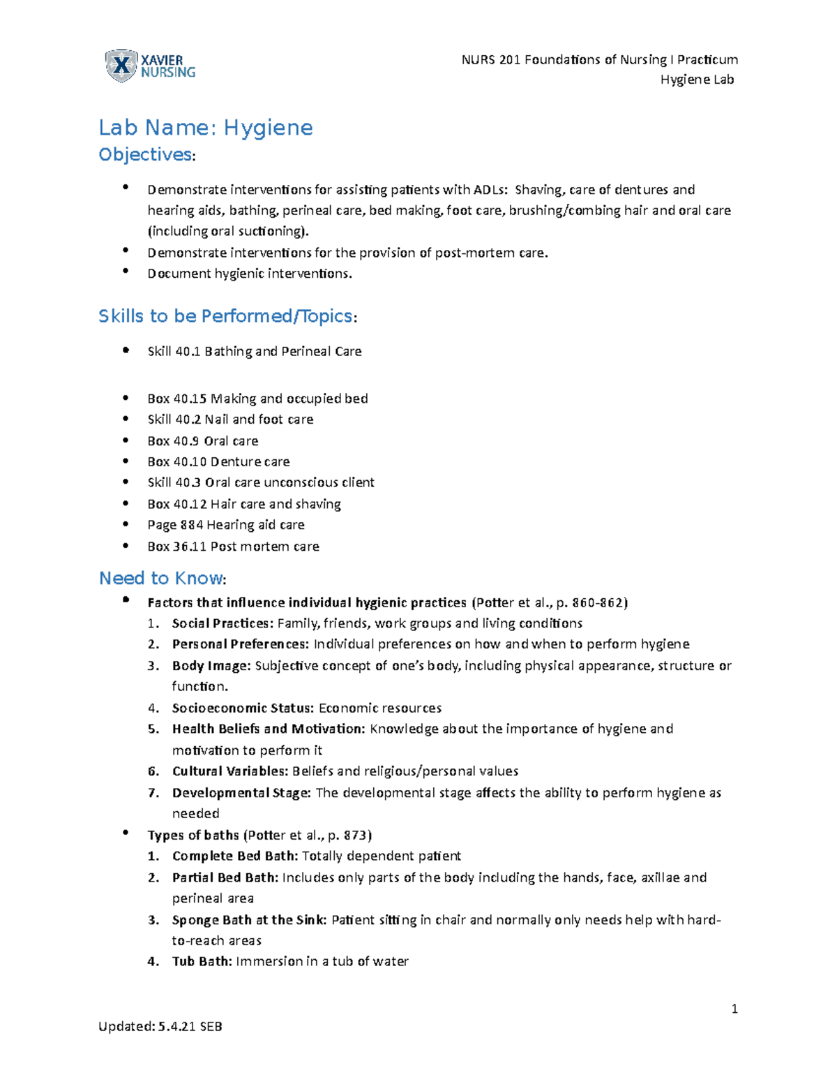 NURS 201 Hygiene Lab Guide - Hygiene Lab Lab Name: Hygiene Objectives ...