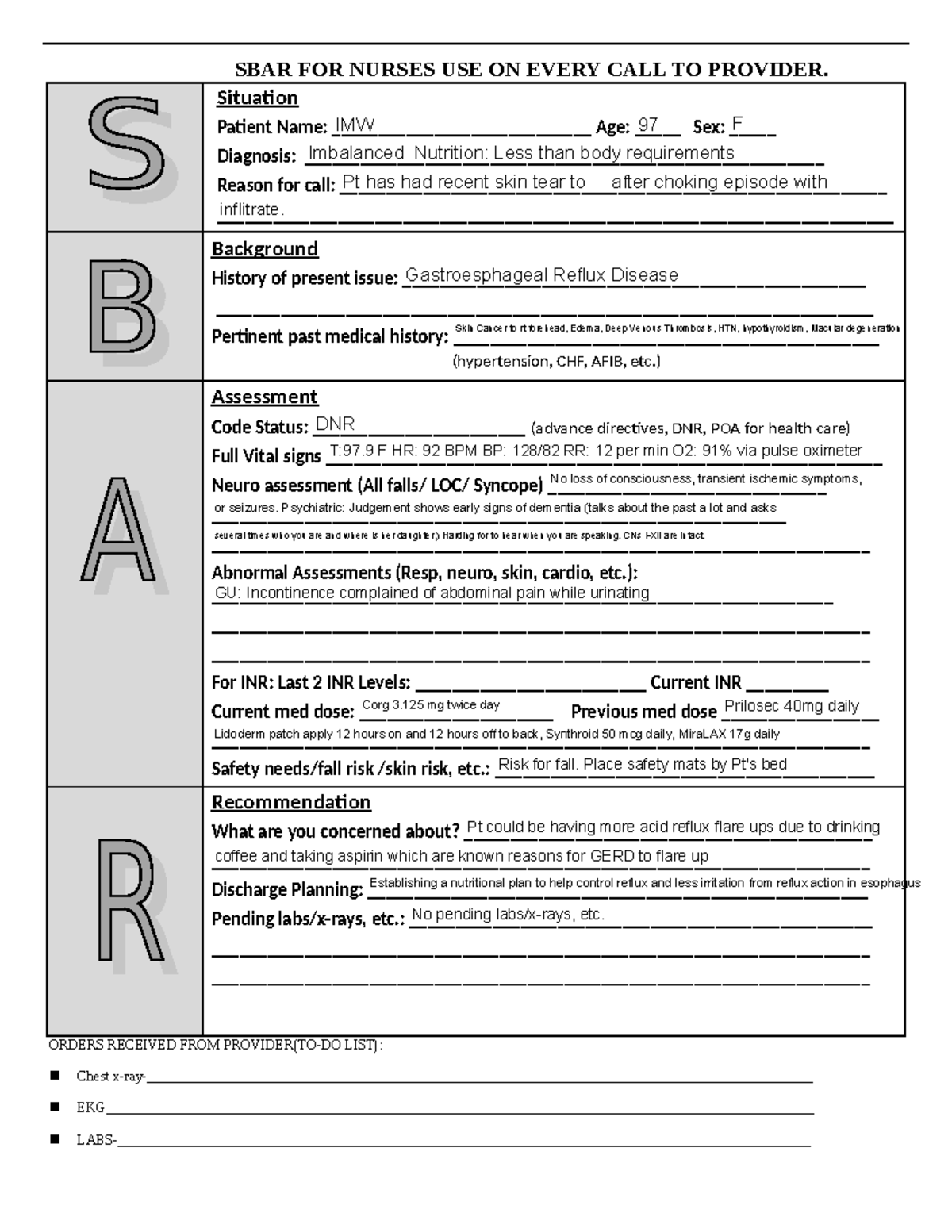 SBAR FORM IMW - example of care plan - SBAR FOR NURSES USE ON EVERY ...