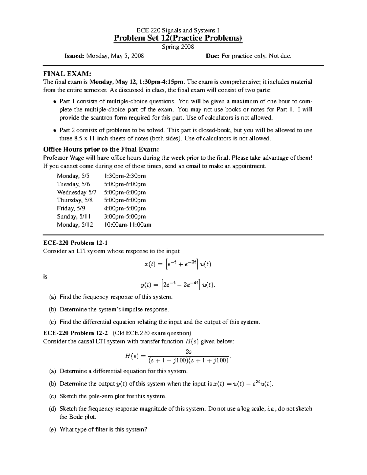 Problem Set 12 - 2008 - ECE 220 Signals and Systems I Problem Set 12 ...