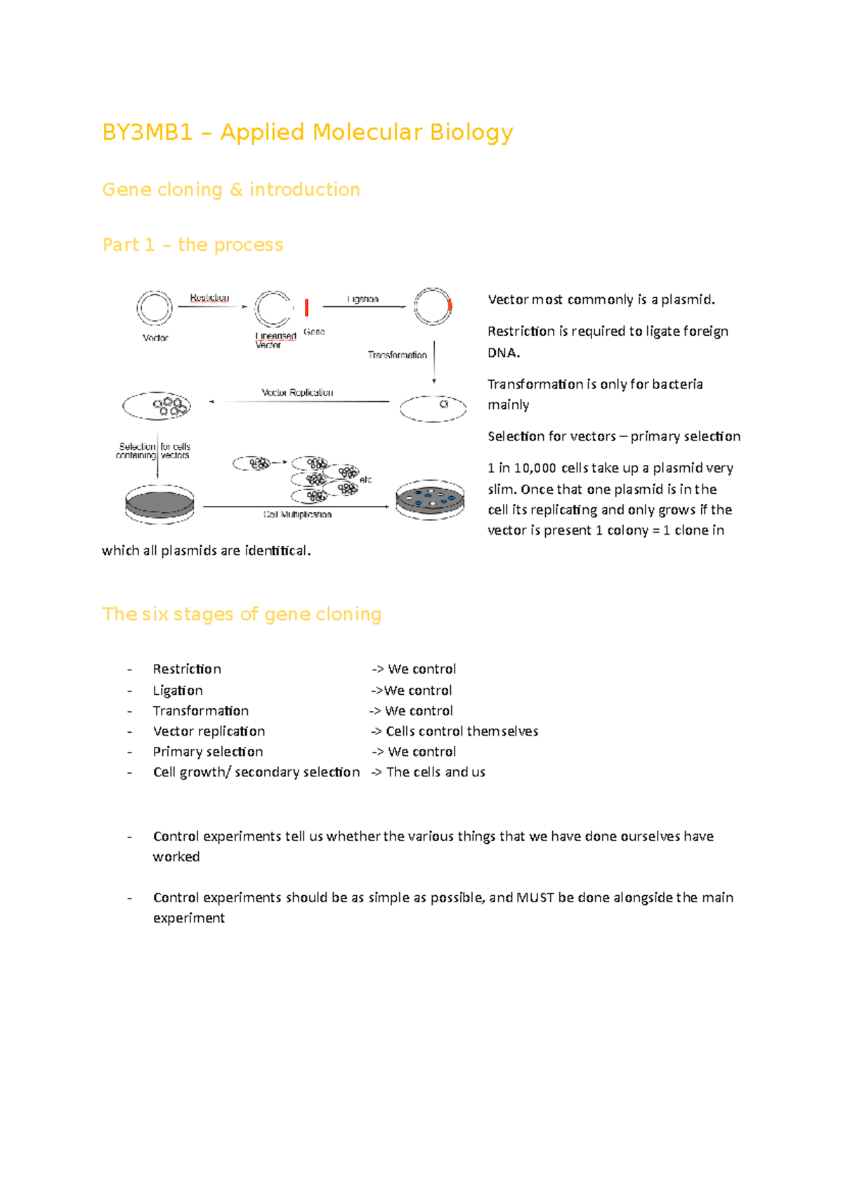 Lecture 1- gene cloning - BY3MB1 – Applied Molecular Biology Gene ...