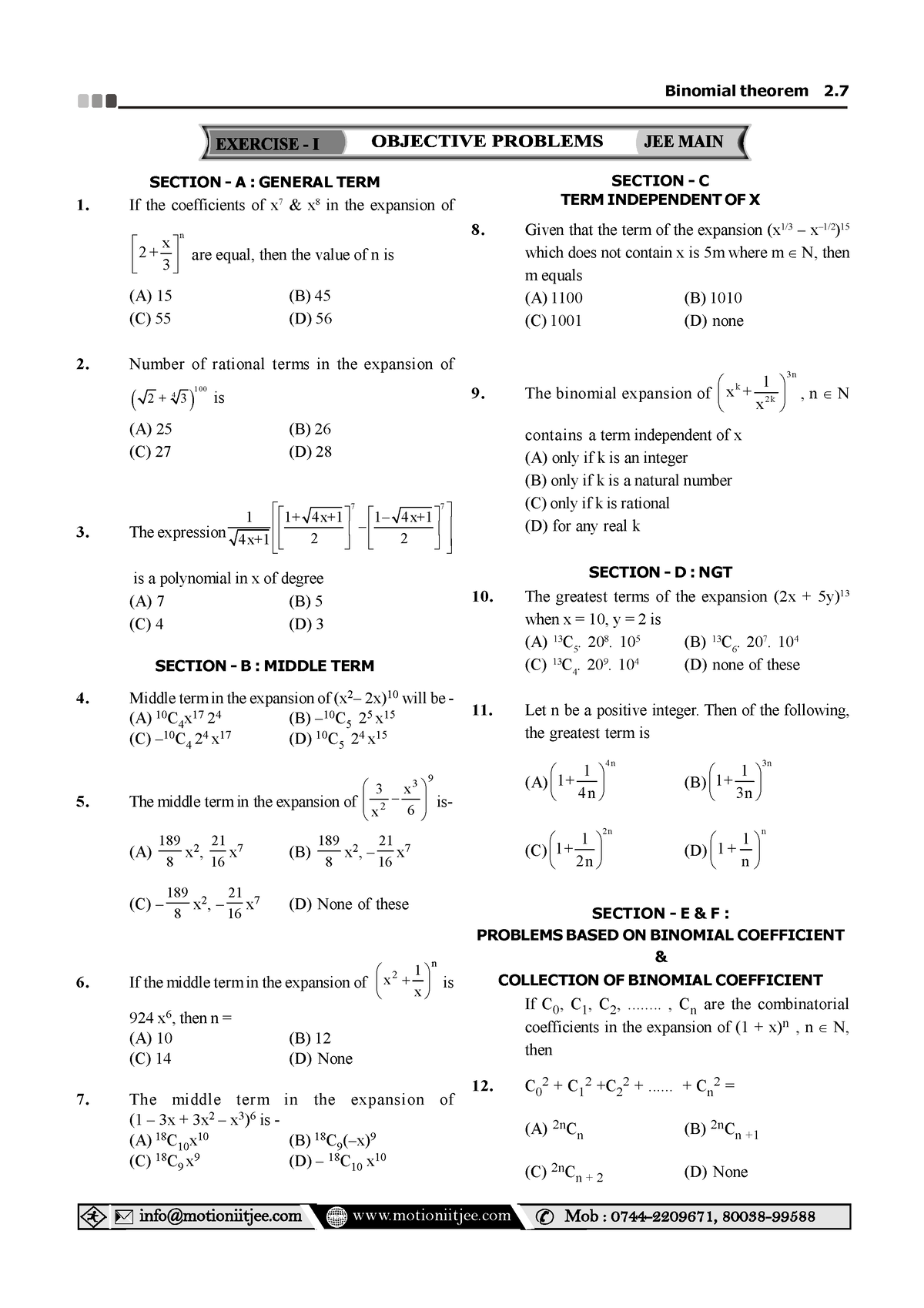 Binomial Theorem - Motioniitjee SECTION - A : GENERAL TERM If The ...