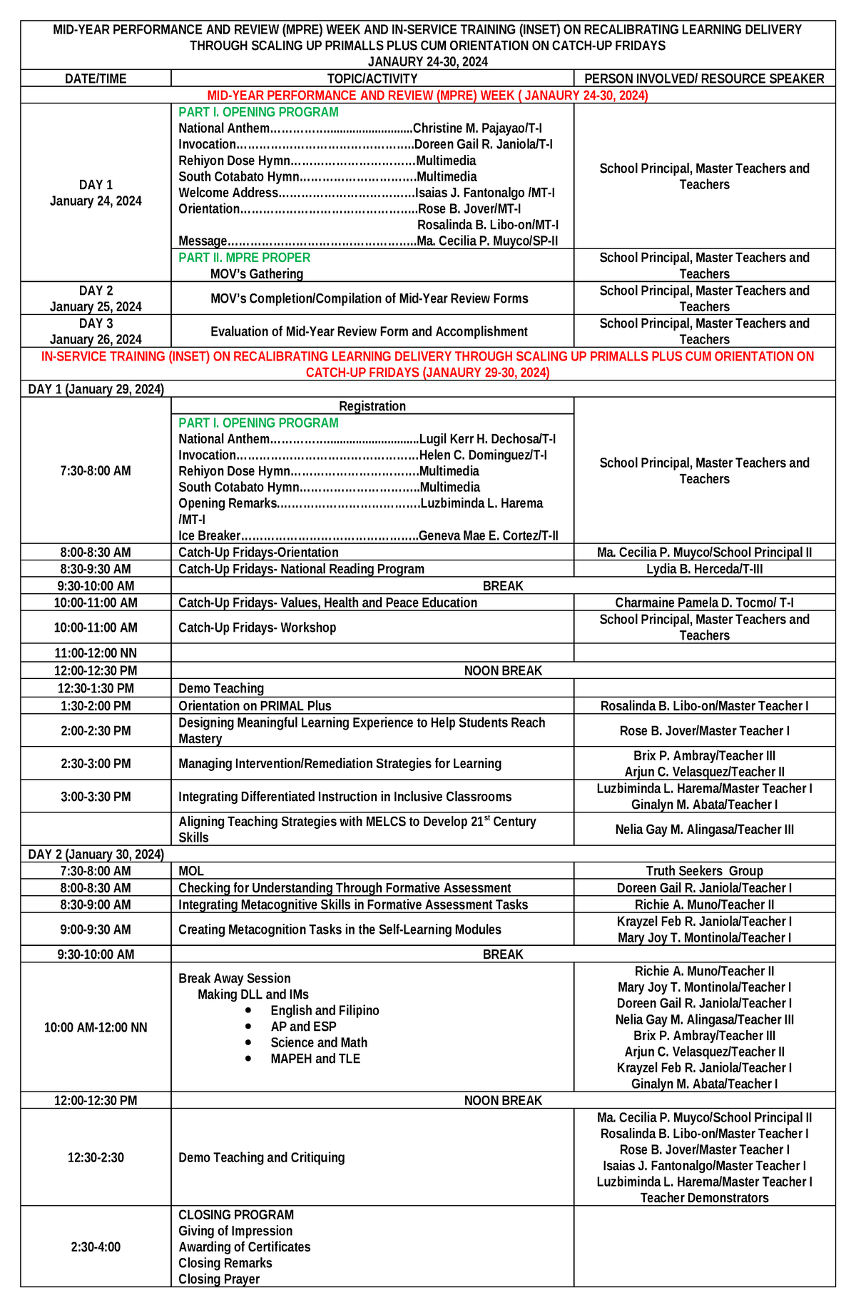 MPRE Inset Program matrix MIDYEAR PERFORMANCE AND REVIEW (MPRE) WEEK