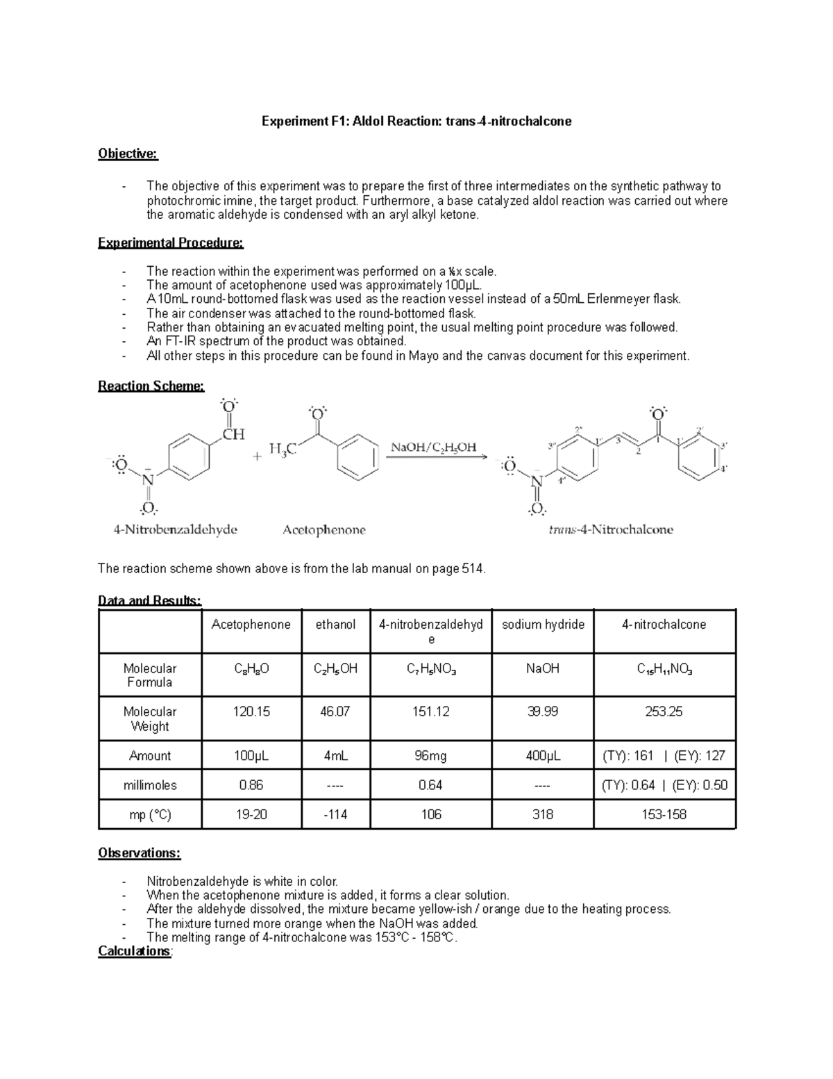 Organic Chemistry 2 Lab 10 Experiment F1 Aldol Reaction trans4