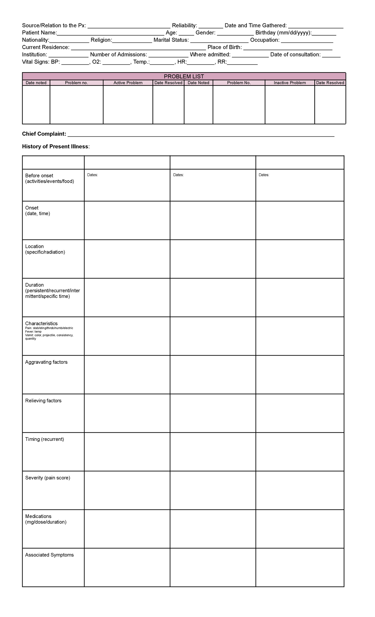 Copy of PDR Clinics History Template - Source/Relation to the Px