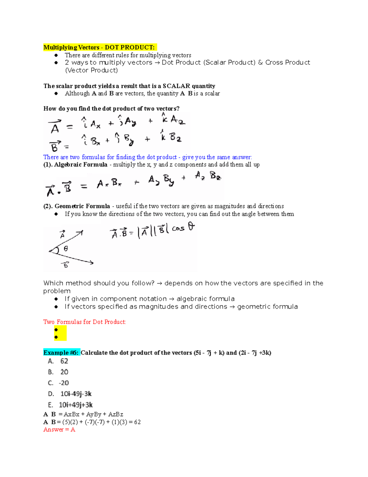 Lecture 4 Chapter 1 Dot Product - Multiplying Vectors - DOT PRODUCT ...