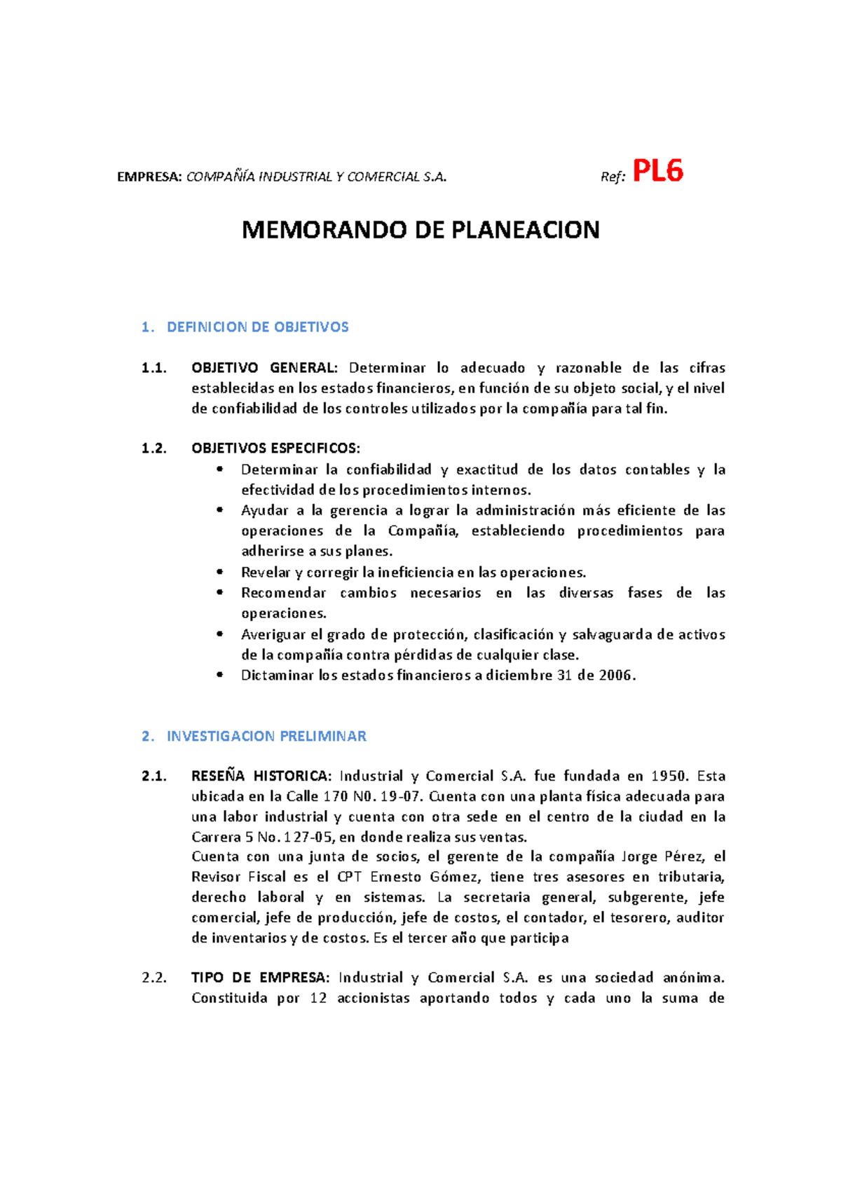 Memorando De Planeación Empresa CompaÑÍa Industrial Y Comercial S