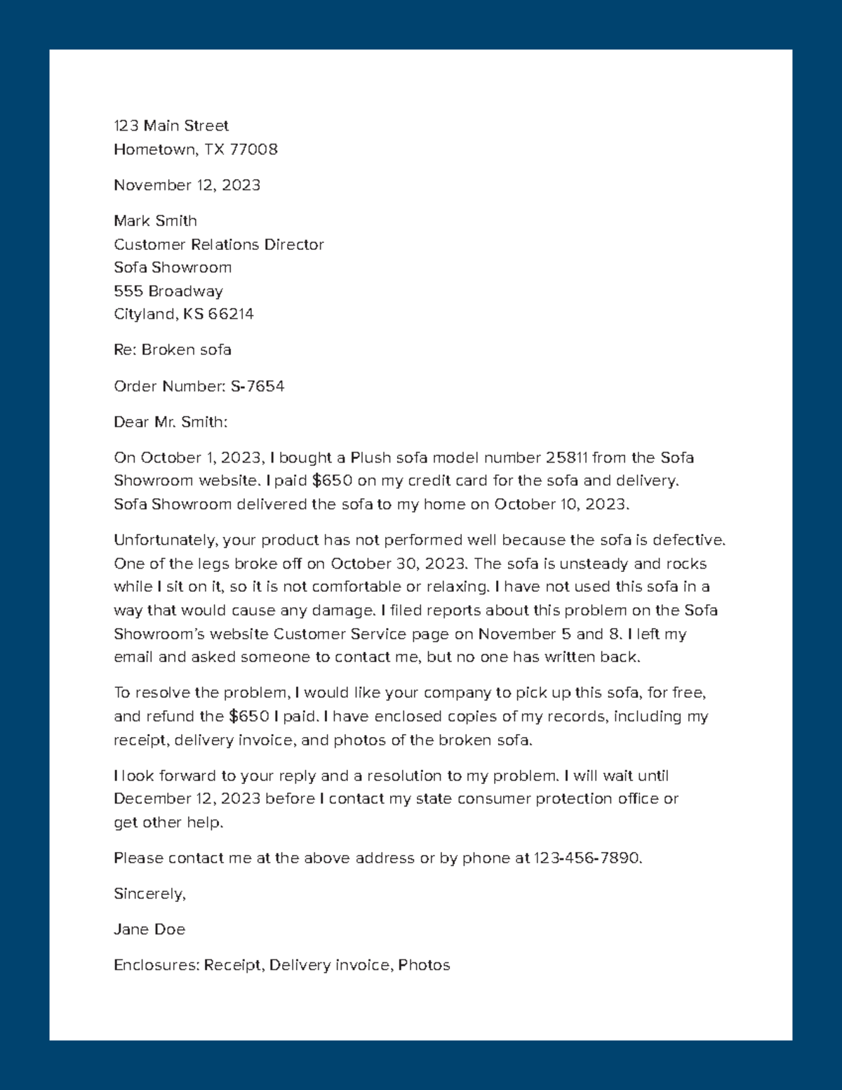 Example Complaint Letter - 123 Main Street Hometown, TX 77008 November ...