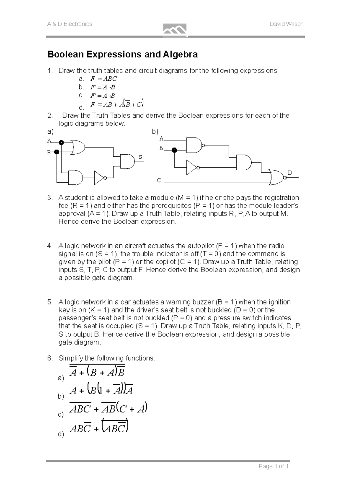 Tut Sheet 4 Boolean Algebra - A &amp; D Electronics David Wilson ...