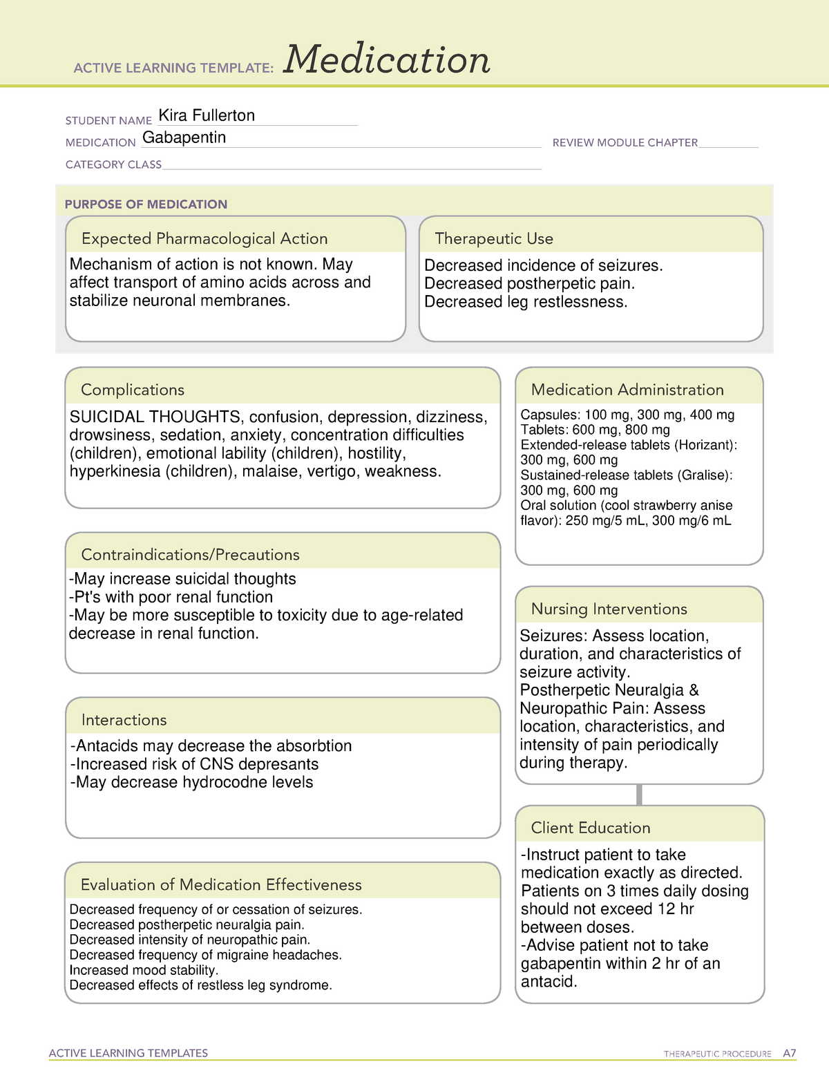 MED Gabapentin ATI medications sheet ACTIVE LEARNING TEMPLATES