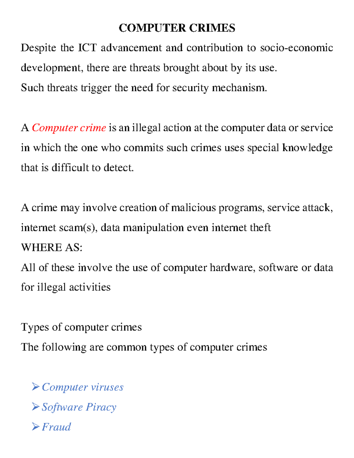 Computer Crimes-PPT - COMPUTER CRIMES Despite the ICT advancement and ...