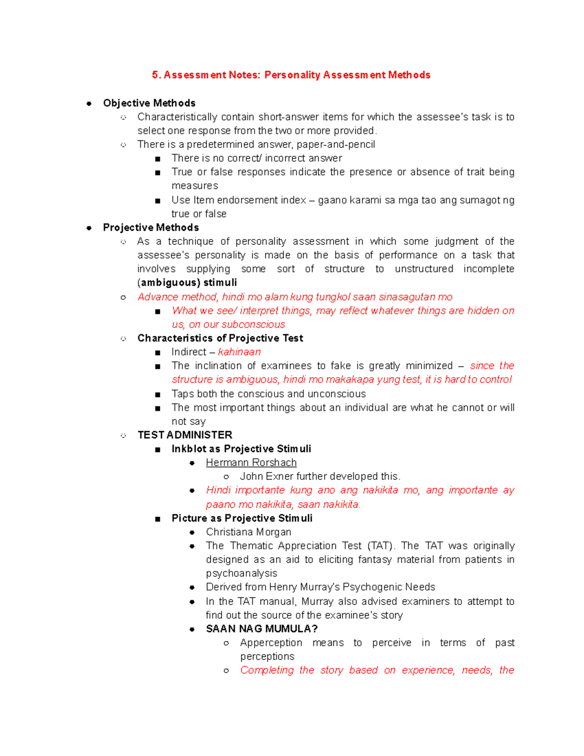 Assessment Notes 5 Personality Assessment Methods - 5. Assessment Notes ...