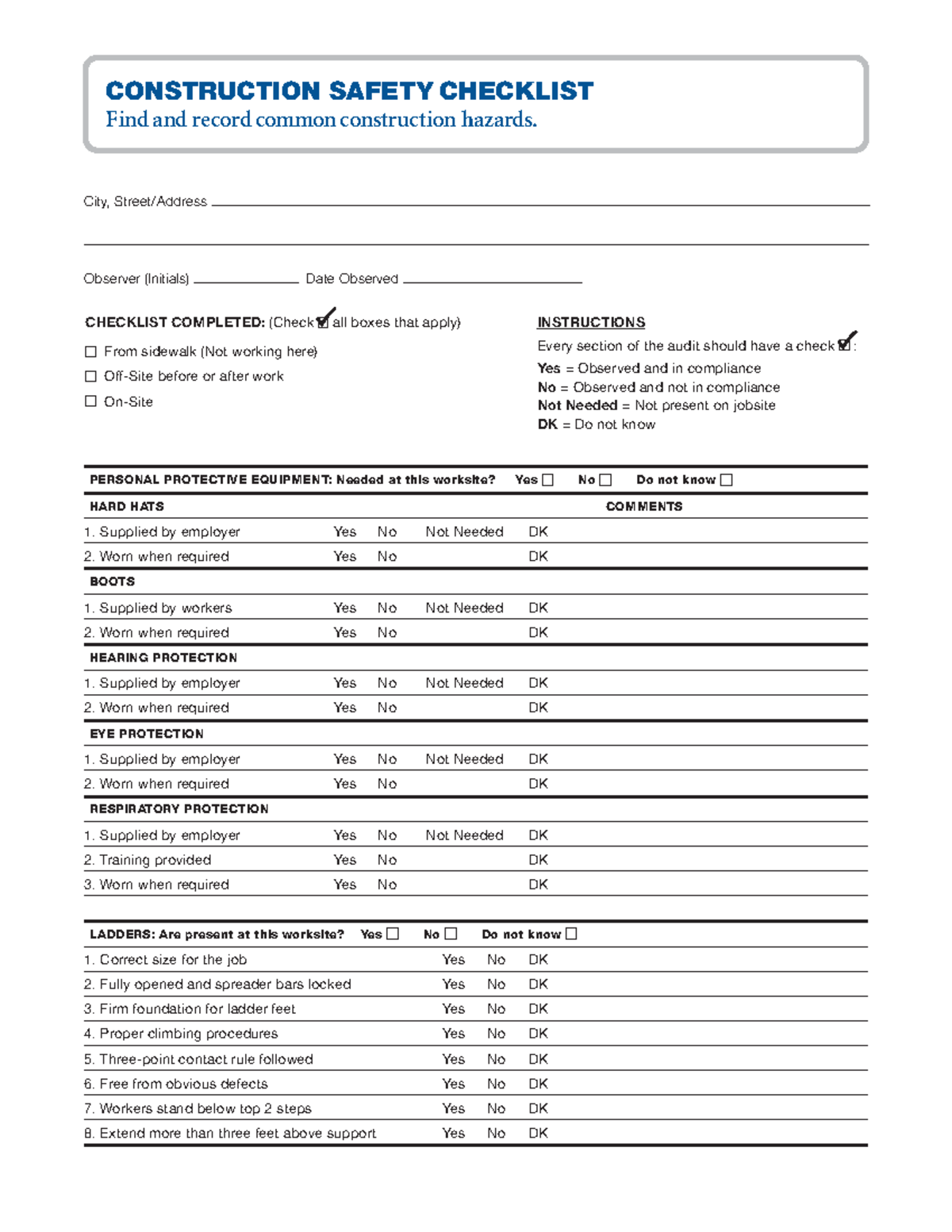 Construction Safety Checklist v1 - Page 1 Personal Protective equiPment ...