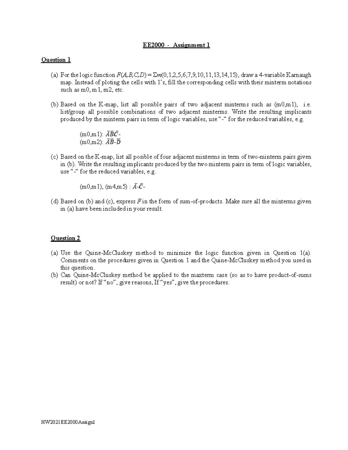EE2000 Assign 1solution - EE2000 - Assignment 1 Question 1 (a) For the ...