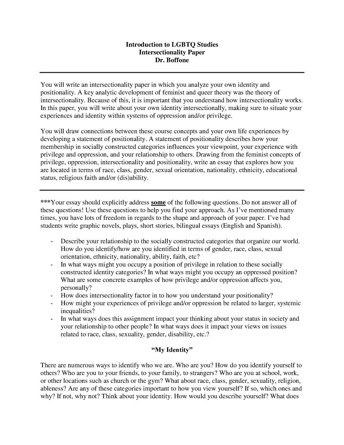 Intersectionality Paper Prompt - WGSS 24 - Introduction to GLBT