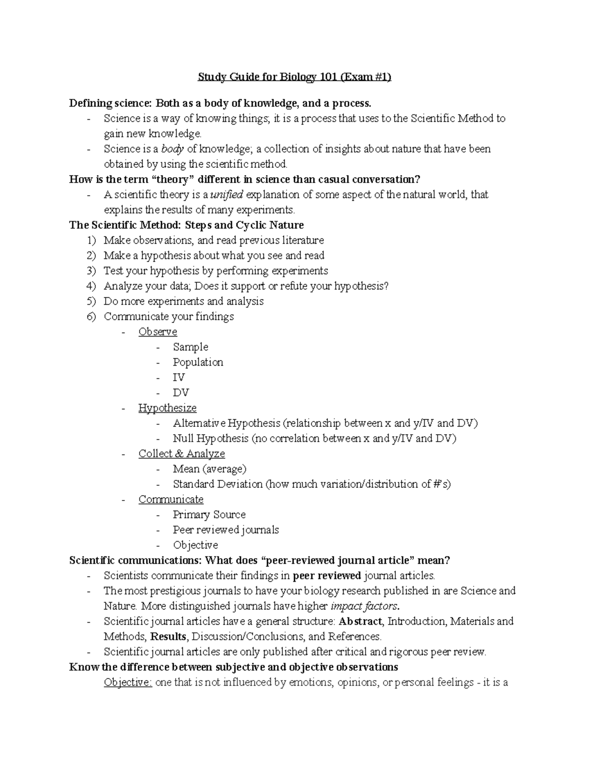 BIOL Study Guide #1 - Lecture notes 1-10 - Study Guide for Biology 101 ...