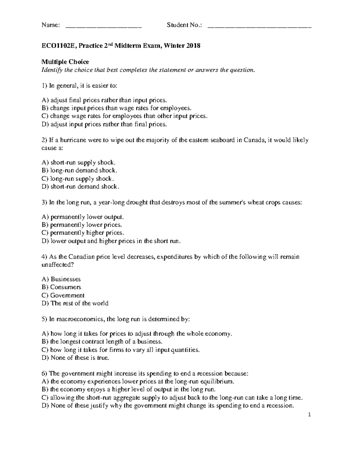 ECO1102 E, Practice 2nd MT (with Answers), Ch 11-13, Winter 2018 ...