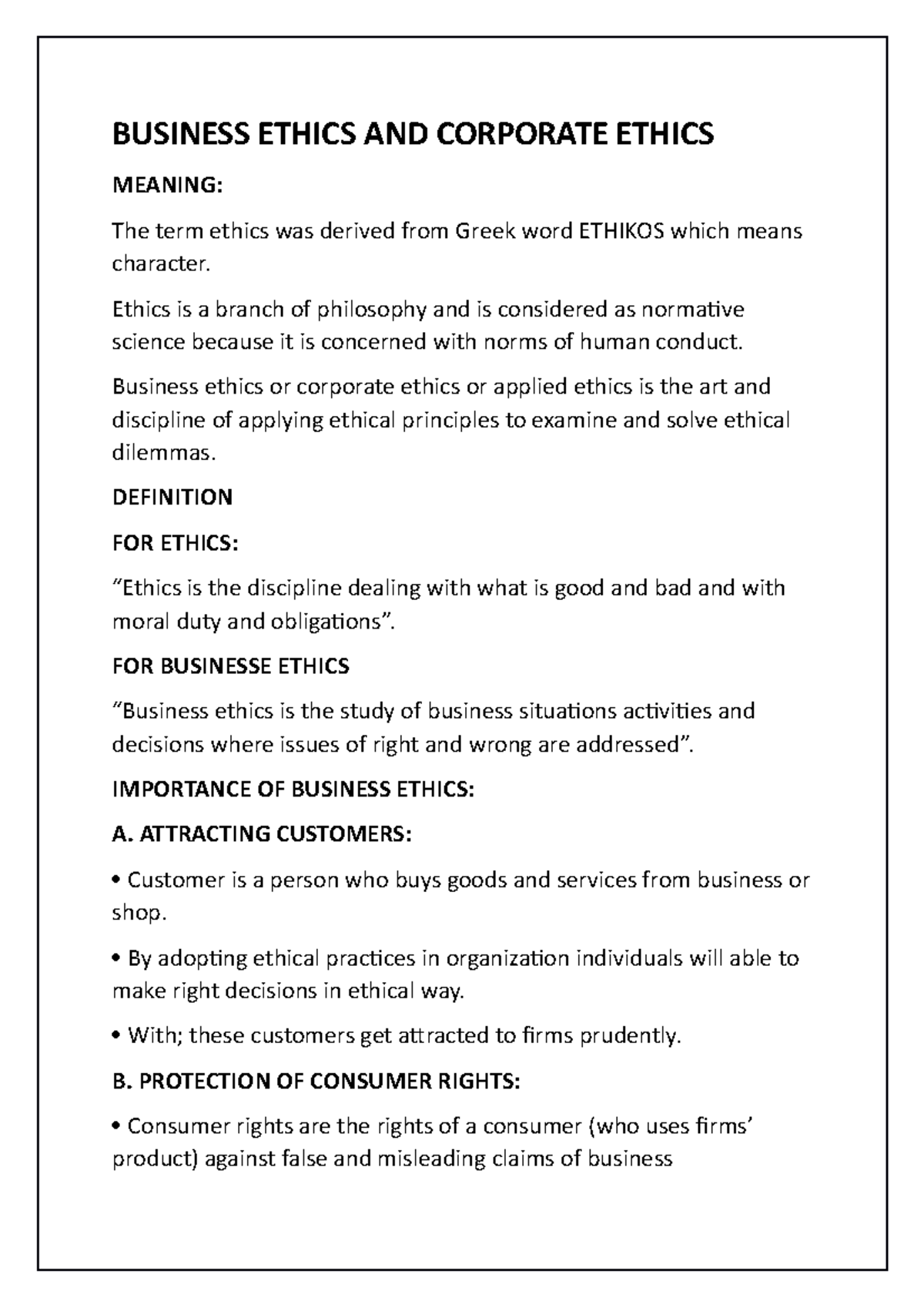 Business Ethics AND Corporate Ethics BUSINESS ETHICS AND CORPORATE