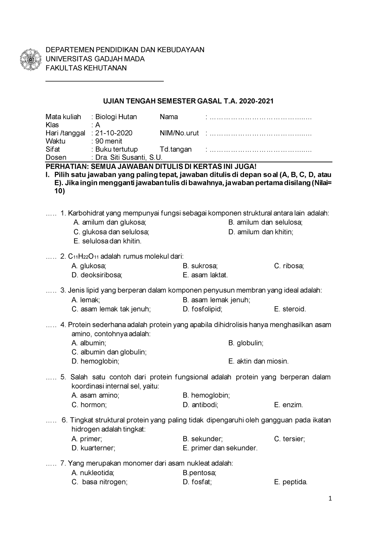 Soal UTS Biologi Hutan 2020 BU SITI - DEPARTEMEN PENDIDIKAN DAN ...