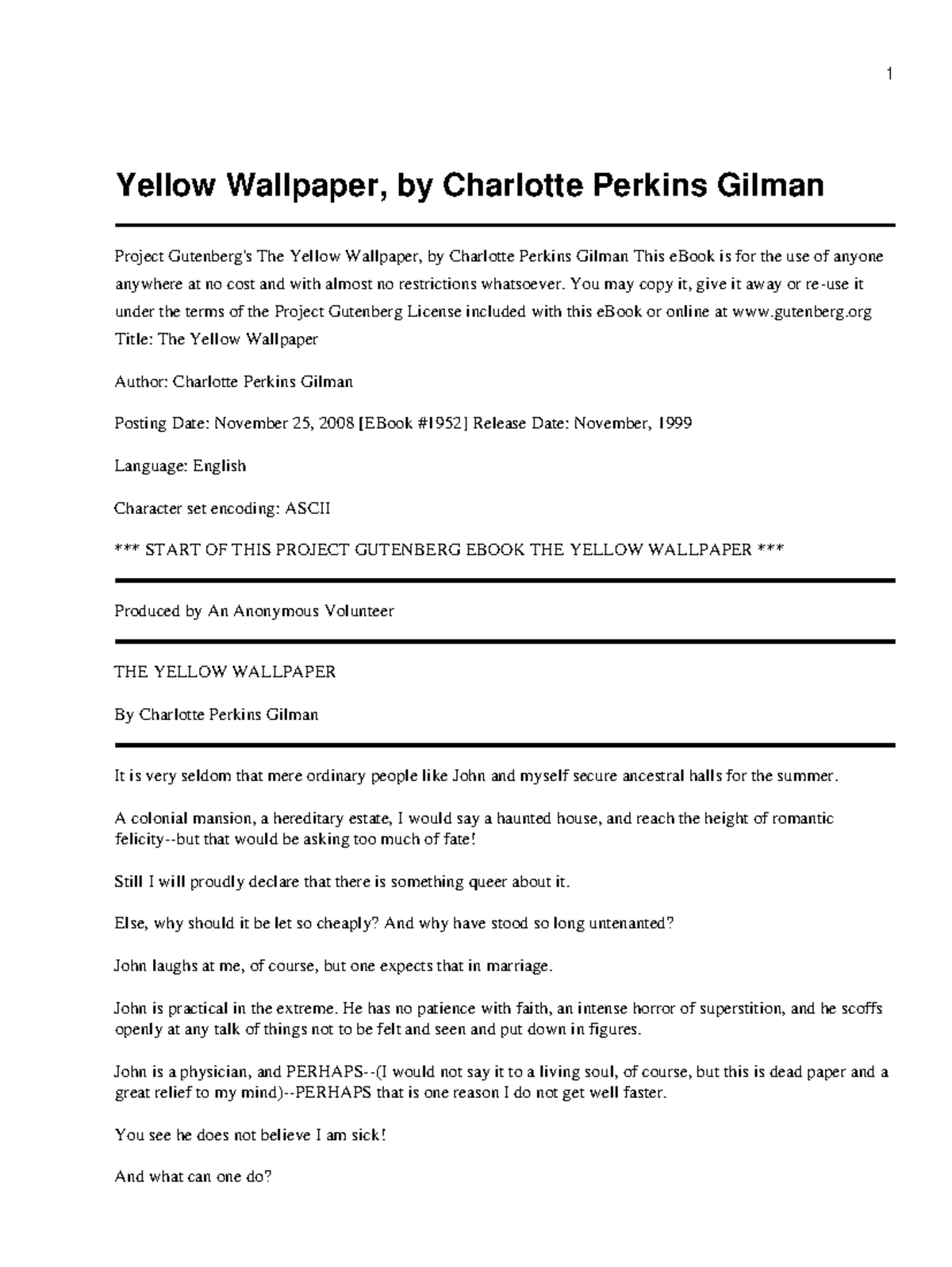 Charlotte Perkins Gilman The Yellow Wallpaper cours Yellow
