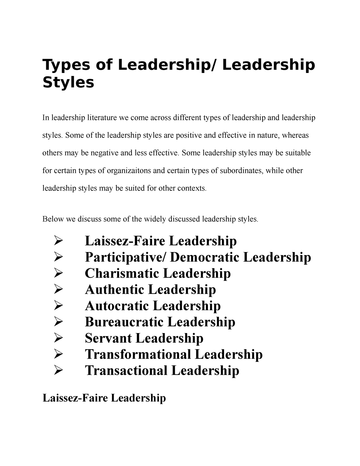 essay on types of leadership