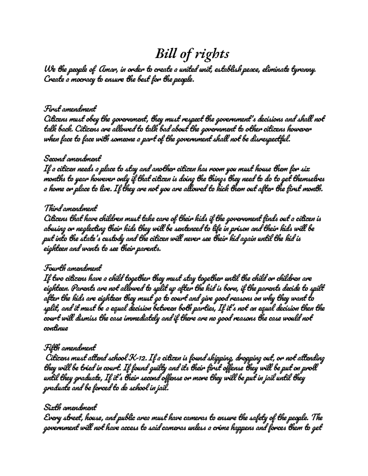 - Personal Bill of Rights - Bill of rights W th peopl of Ama, i orde t ...