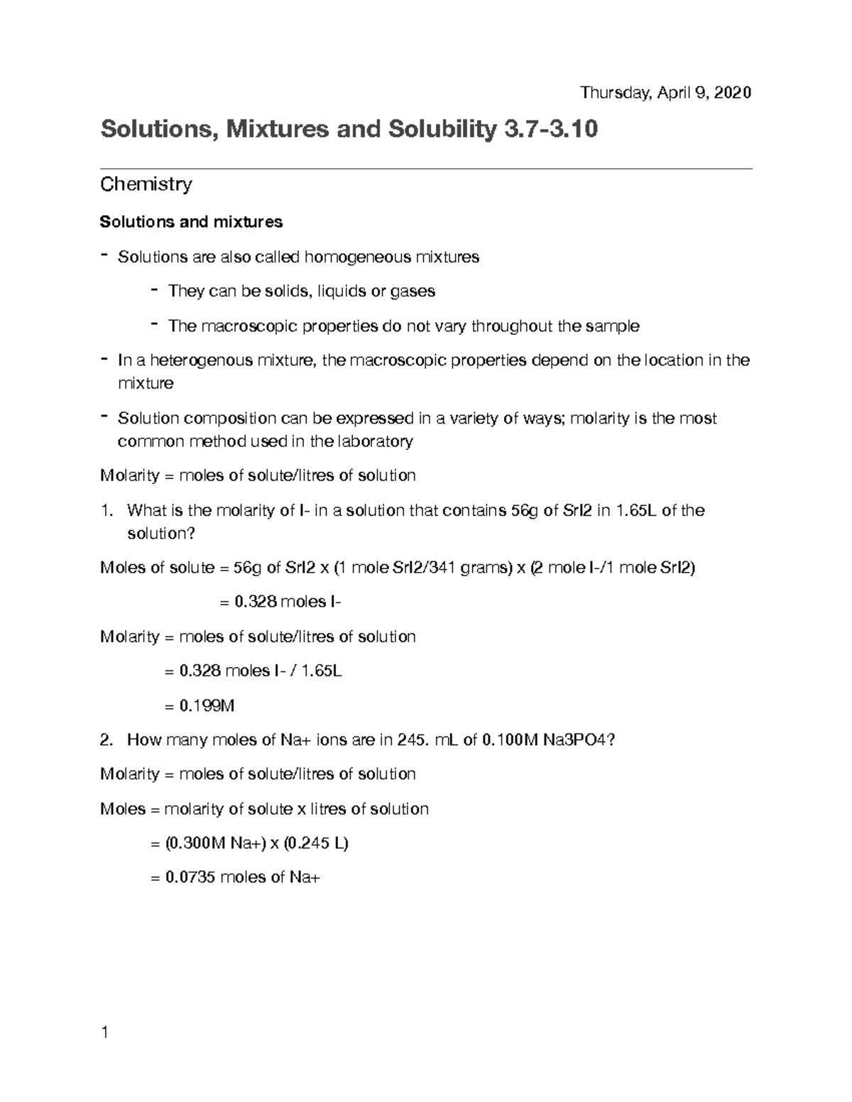 Chem 10 lecture 2 notes Solutions, Mixtures and Solubility 33