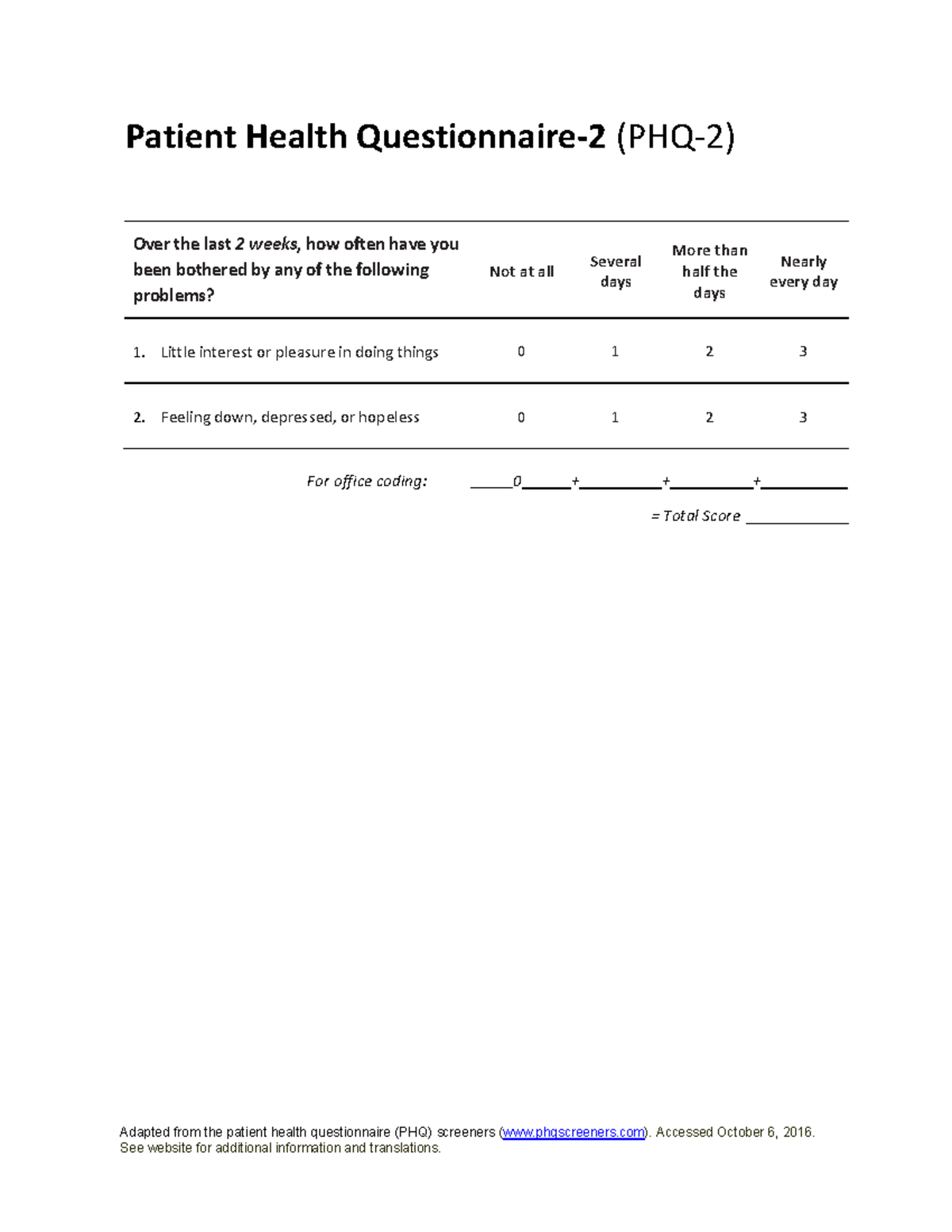 PHQ 2 Patient Health Questionnaire 2 Adapted From The Patient 
