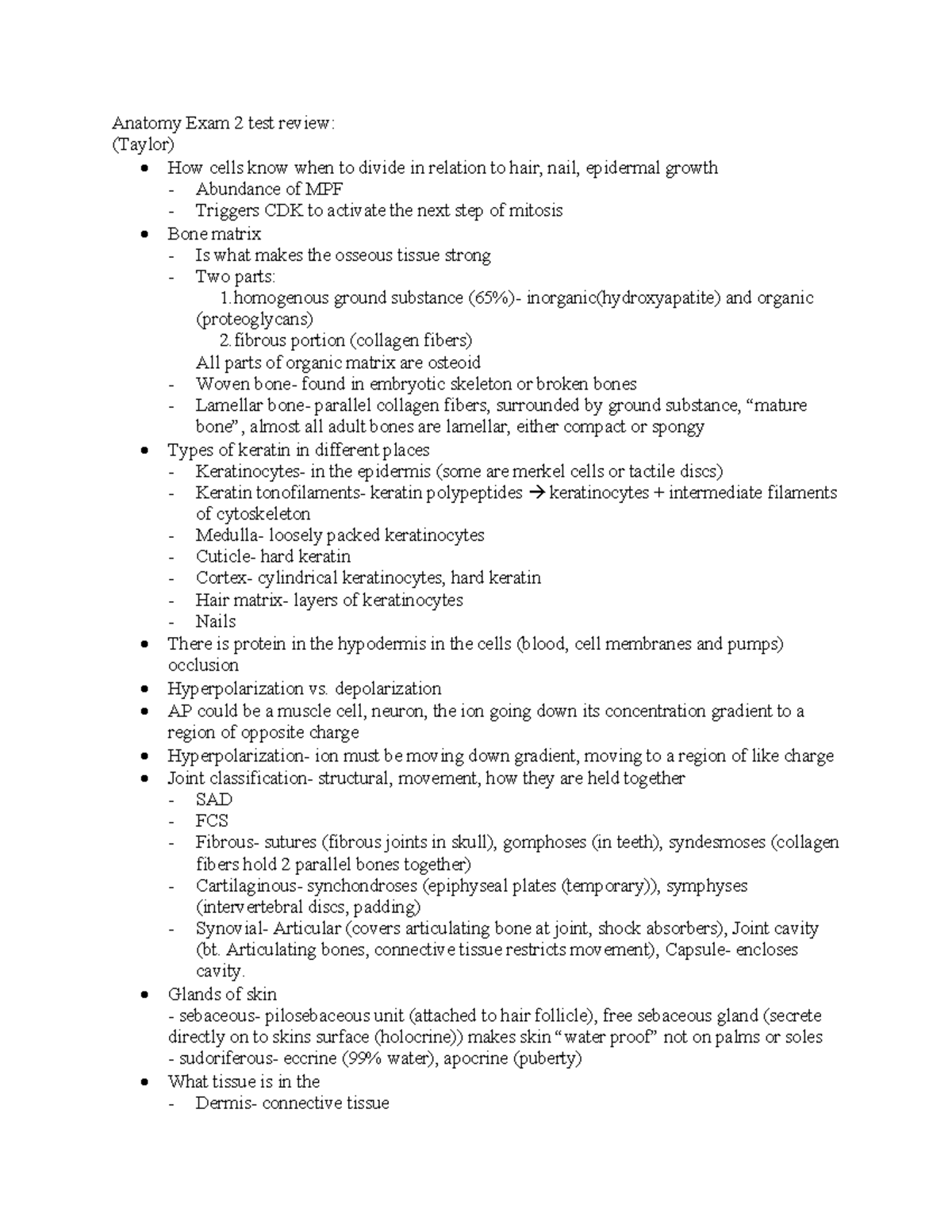 Anatomy Exam reviews - Anatomy Exam 2 test review: (Taylor) How cells ...