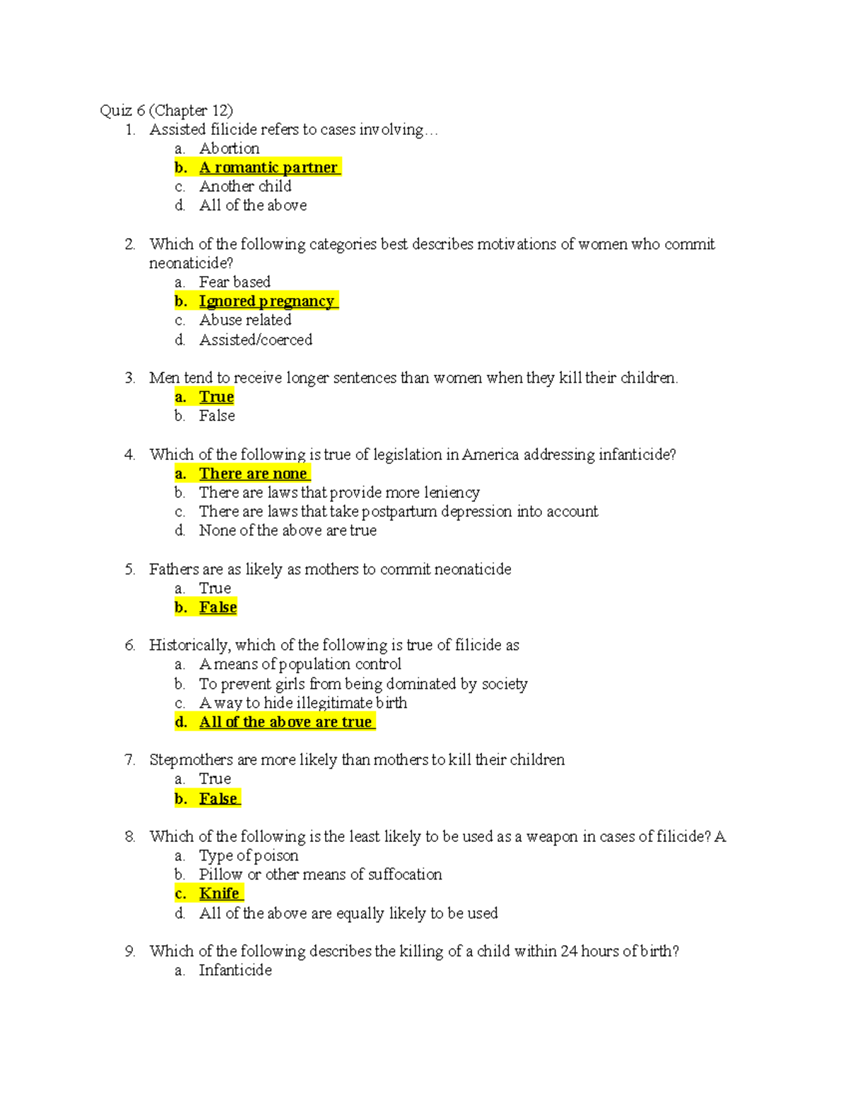 CJ 372 Quiz 6 Questions - Quiz 6 (Chapter 12) 1. Assisted filicide ...