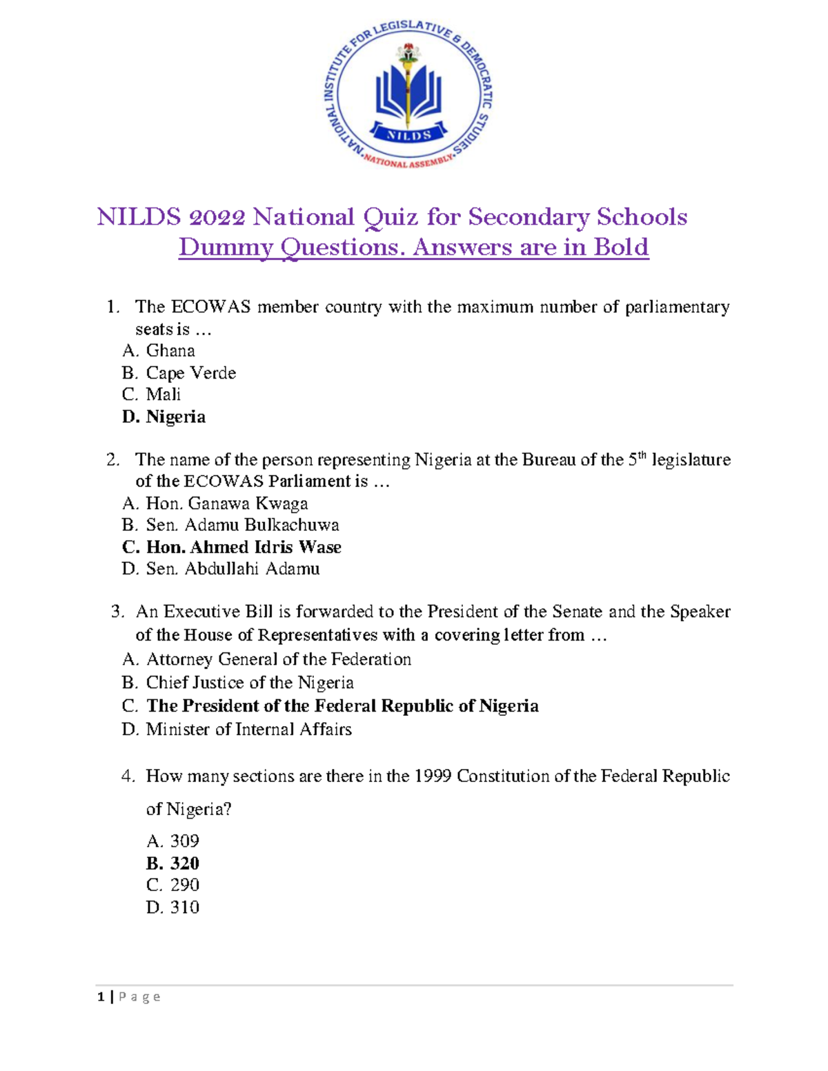 Dummy questions NILDS 2022 National Quiz for Secondary Schools Dummy