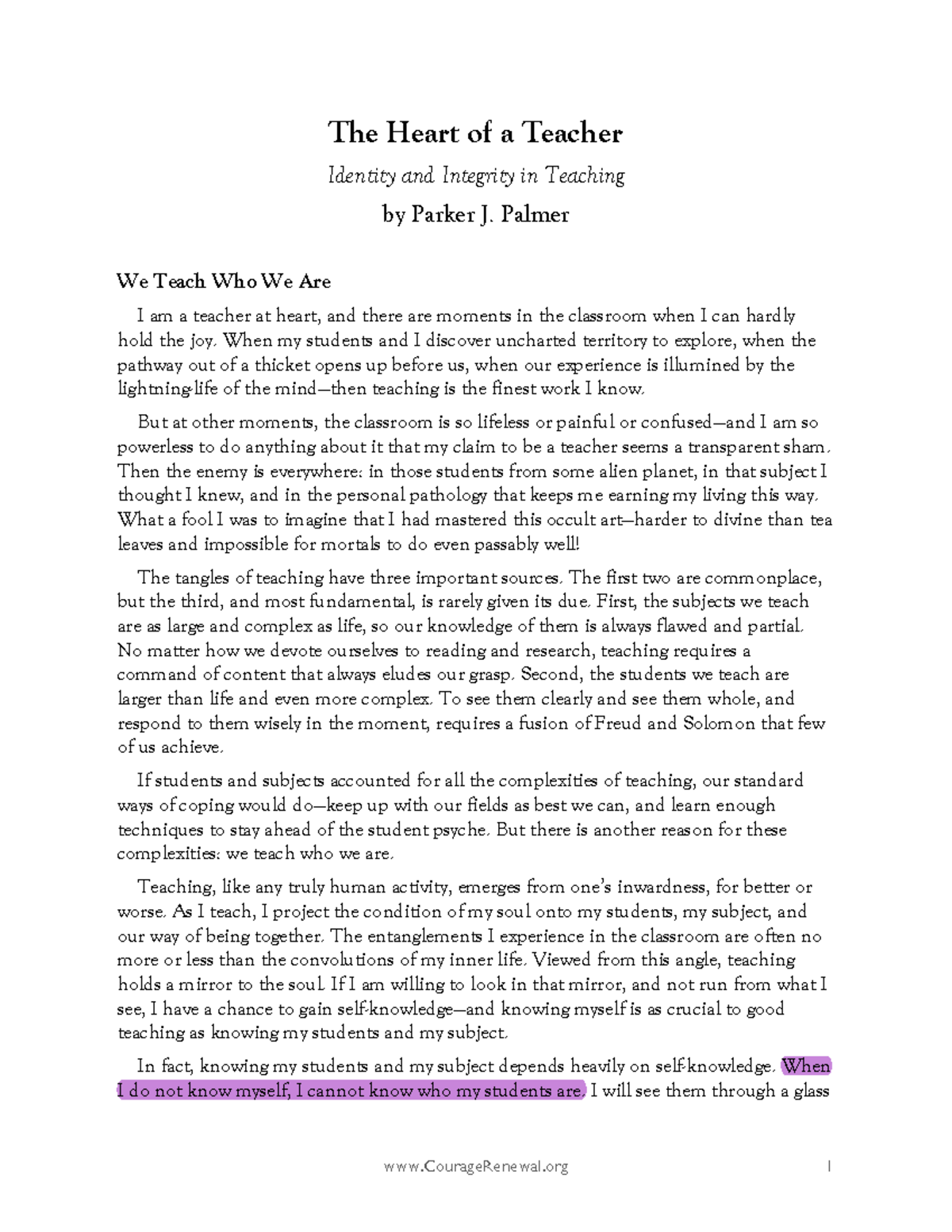Palmer 2007 Marked Up - reading - The Heart of a Teacher Identity and ...