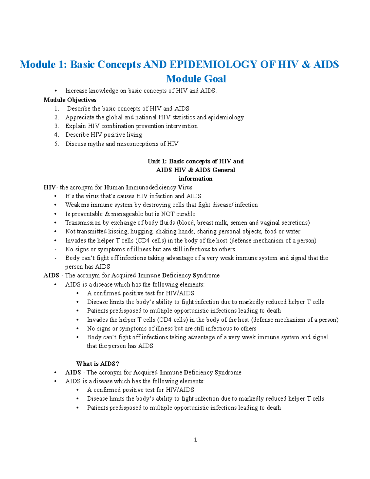 Austine HTS NOTE - Module 1: Basic Concepts AND EPIDEMIOLOGY OF HIV ...