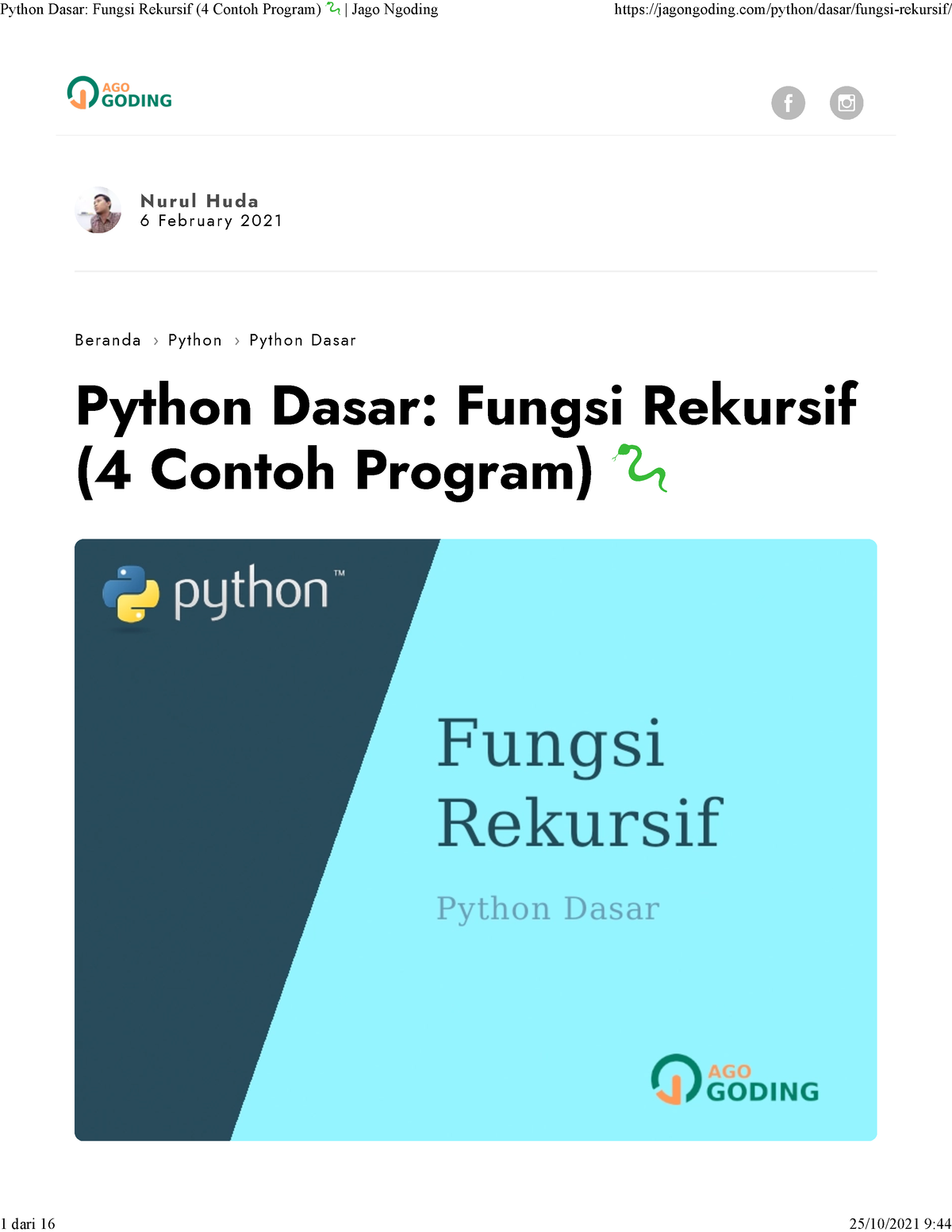 Pertemuan 9 - Materi B (Sunnah). Python Dasar Fungsi Rekursif (4 Contoh ...