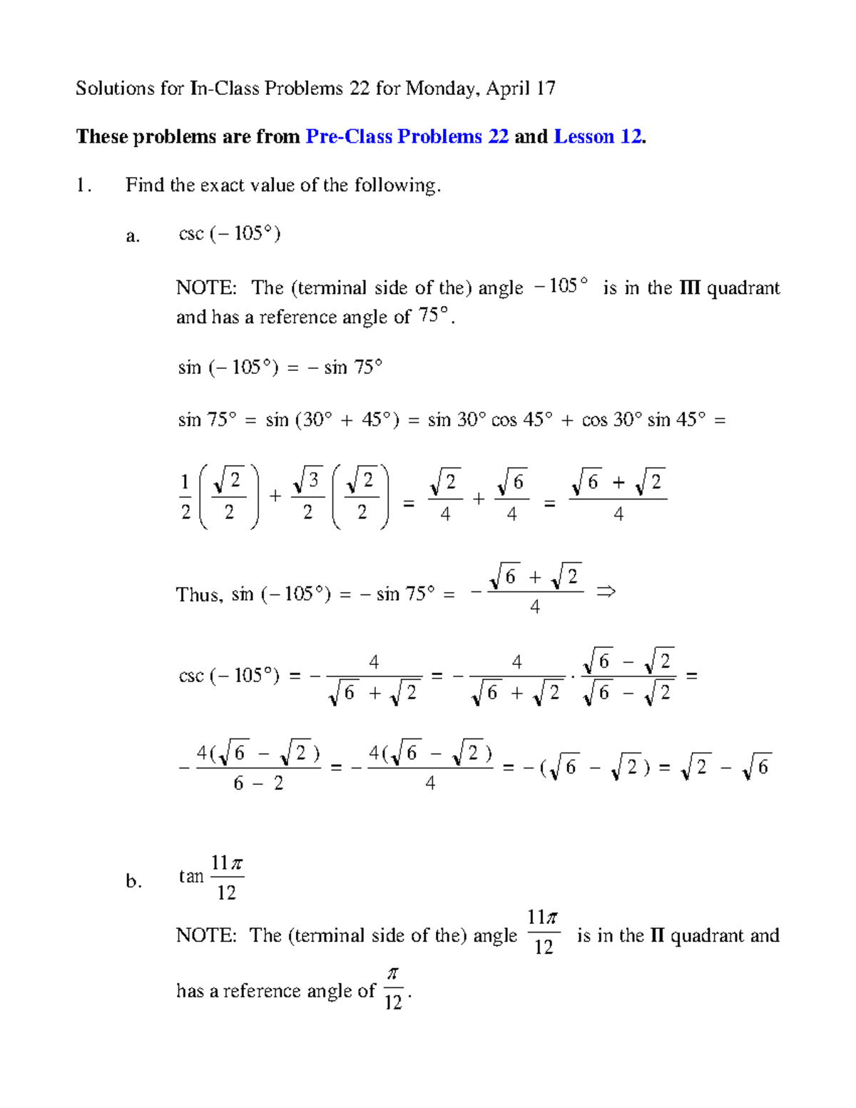 Problems 22MWFSol - Solutions for In-Class Problems 22 for Monday ...