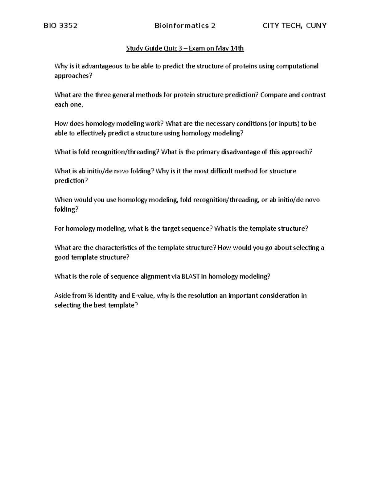 Study Guide Quiz 3 - solis - BIO 3352 Bioinformatics 2 CITY TECH, CUNY ...