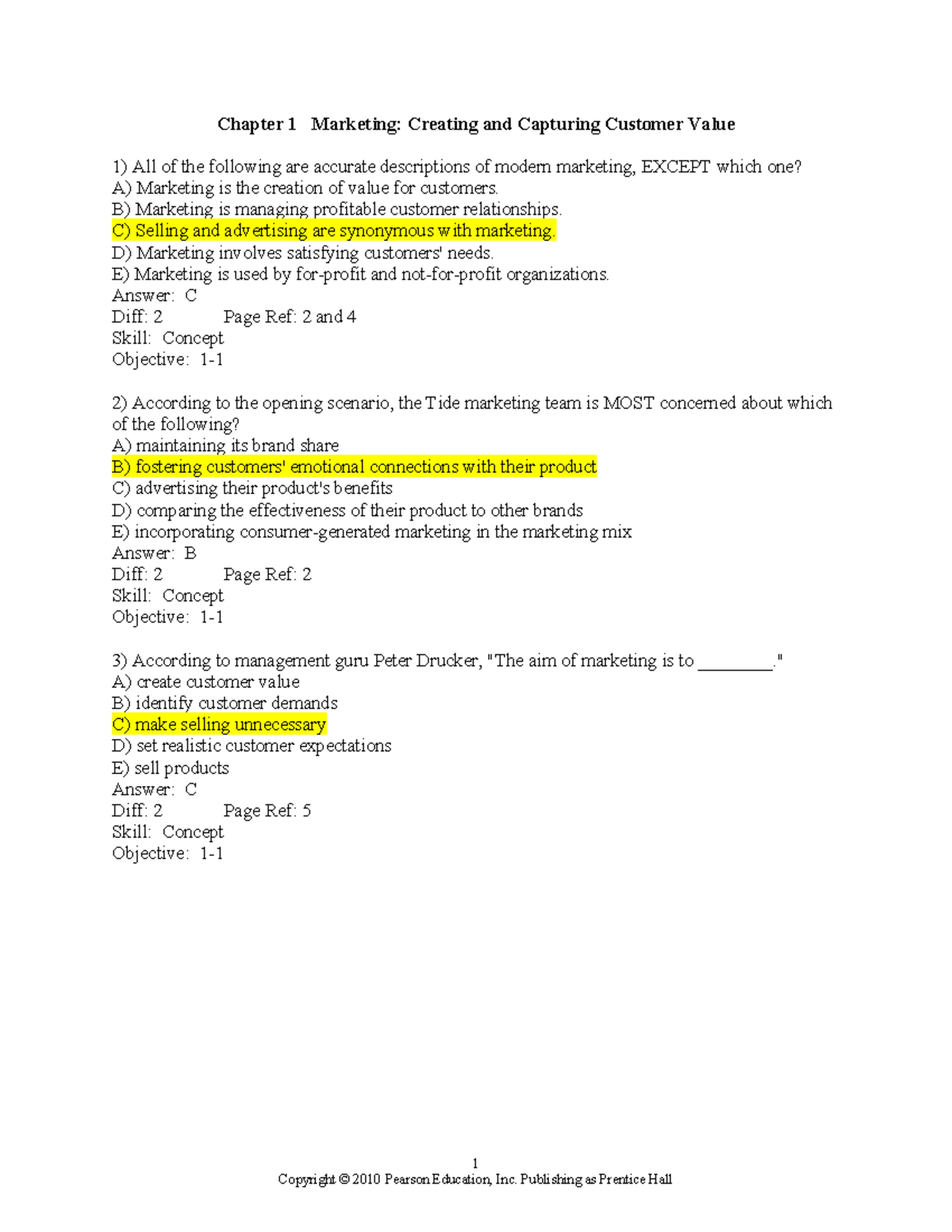 Kotler Keller marketing book testbank - chapter 1 - Chapter 1 Marketing ...